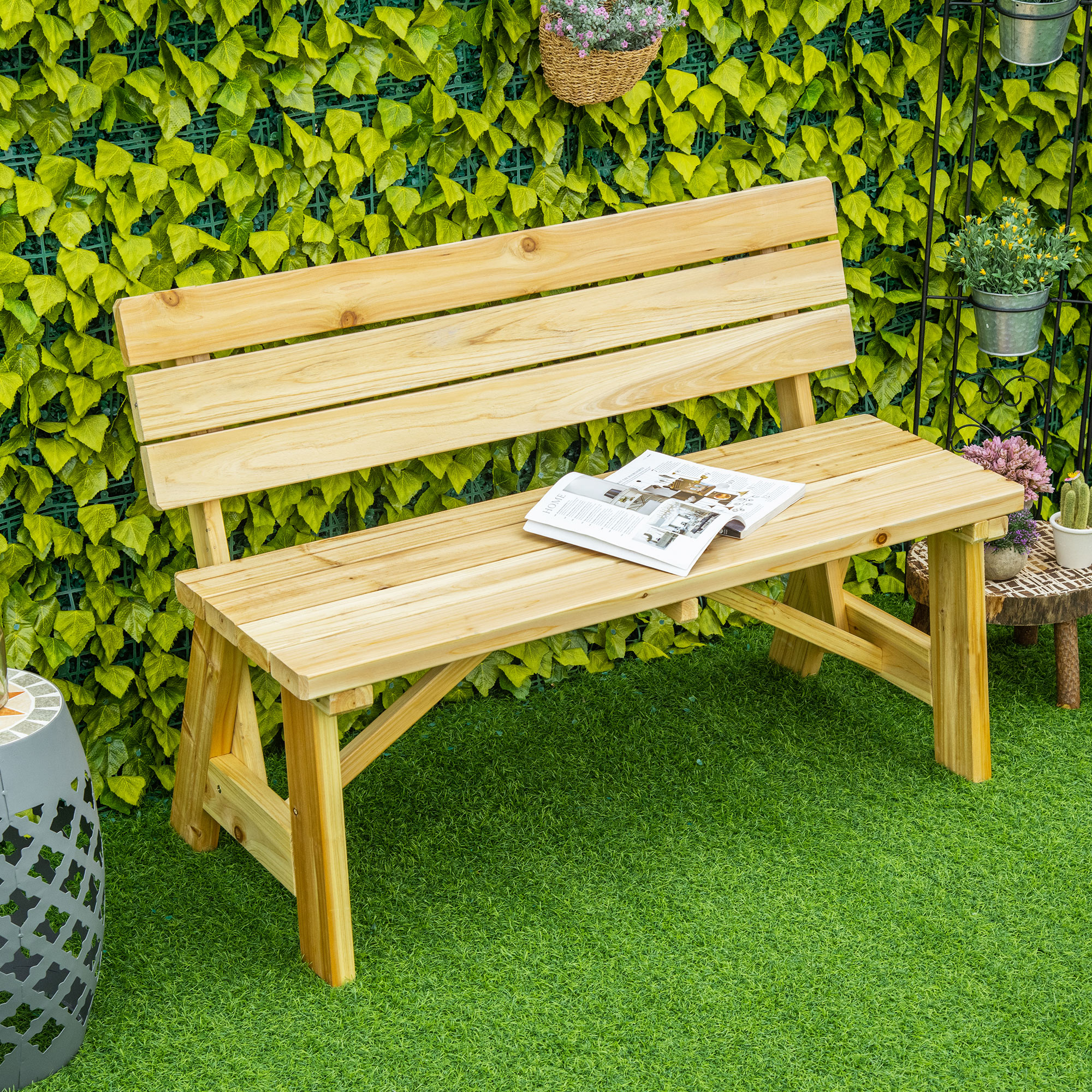 Outsunny 2-Sitzer Gartenbank Holz, wetterfest Sitzbank, UV-Beständig Gartenmöbel mit Rückenlehnen, Parkbank 220kg belastbar, Balkonbank, Holzbank für Balkon Terrasse, Garten, 116 x 56 x 80 cm, Natur