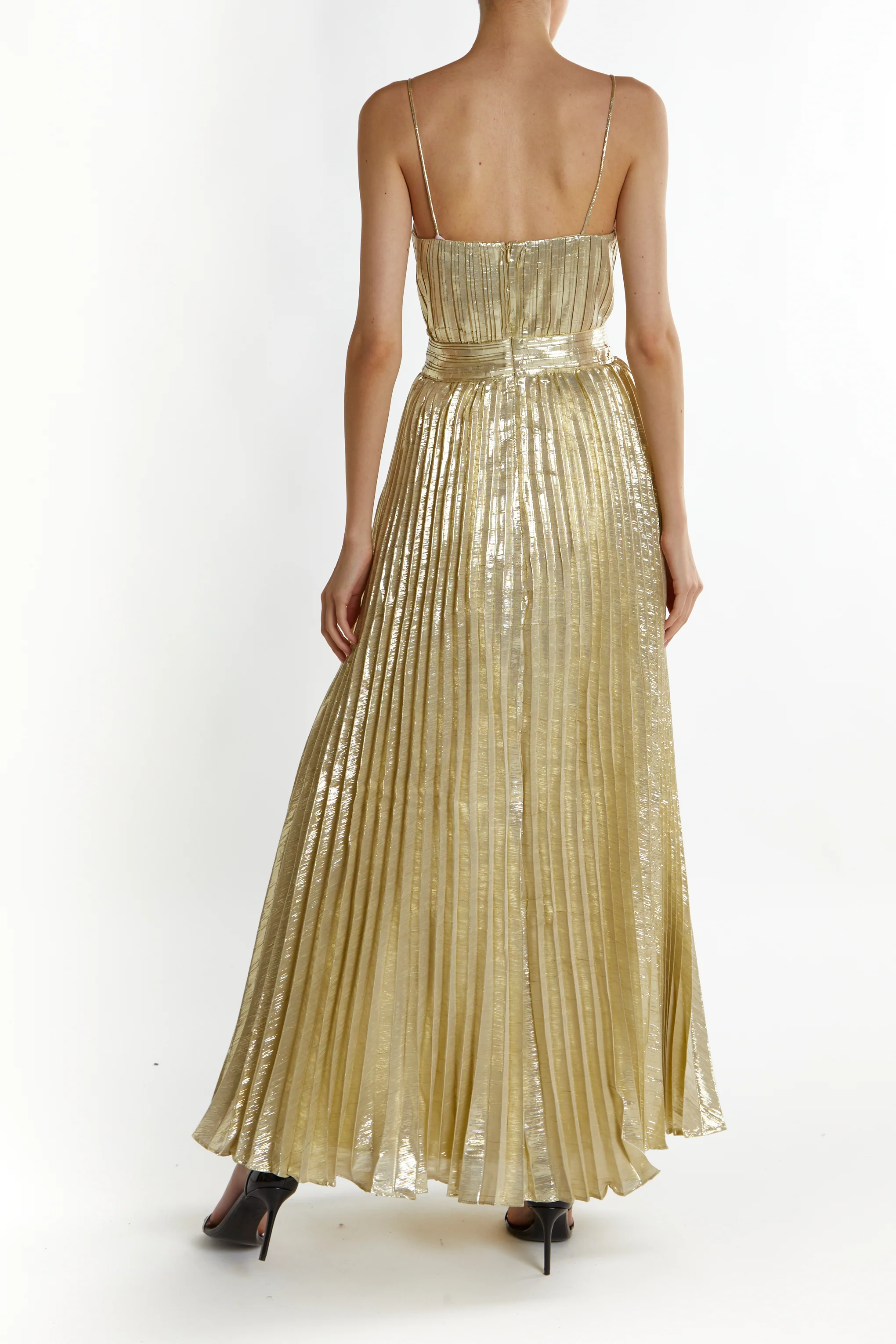 Kate Light-Gold Crinkle Pleated Strappy Maxi Dress
