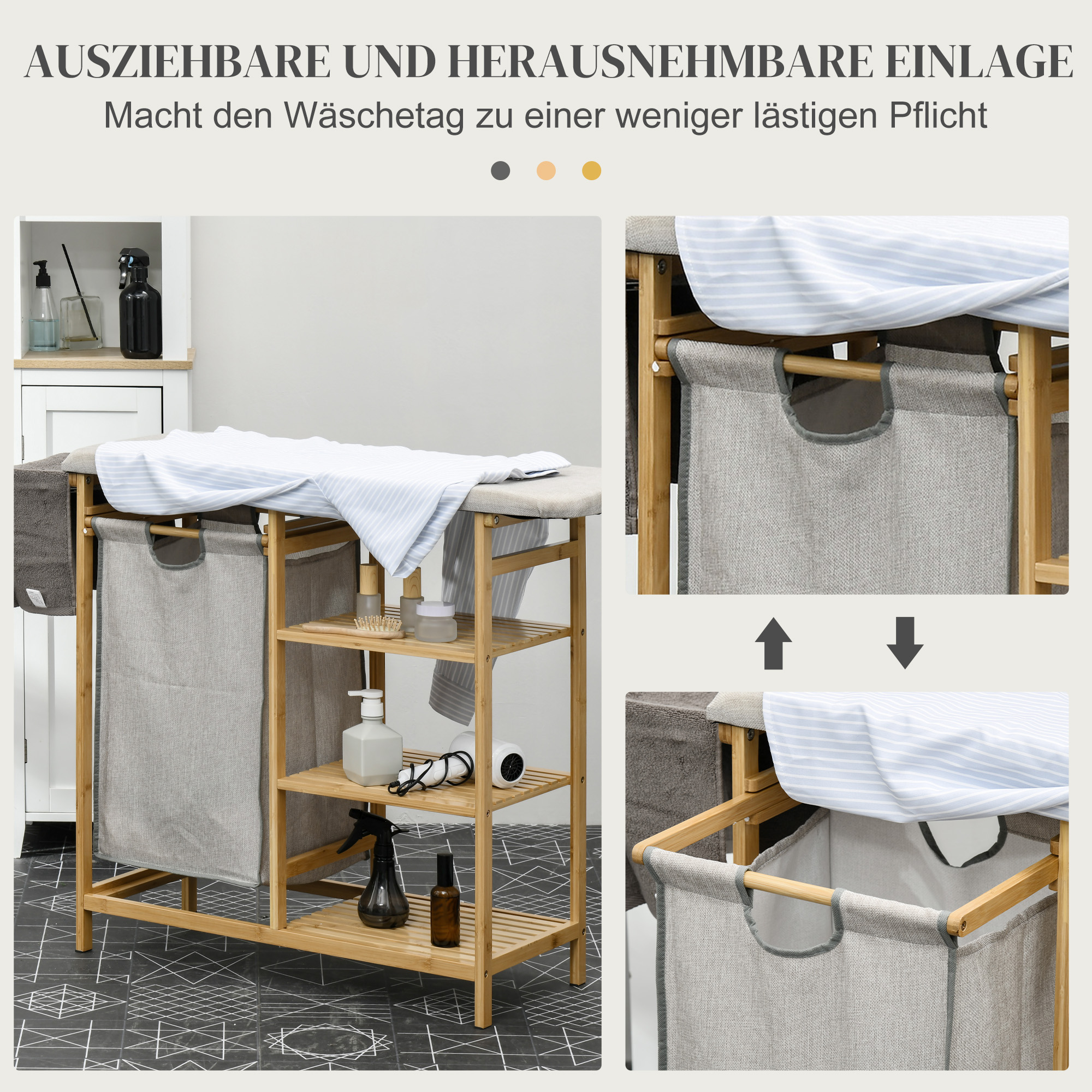 Wasmand, multifunctioneel, Stijkplank & Stoffen Zak 57L, Bamboe Frame, 113x34x82cm, Natuur/Grijs