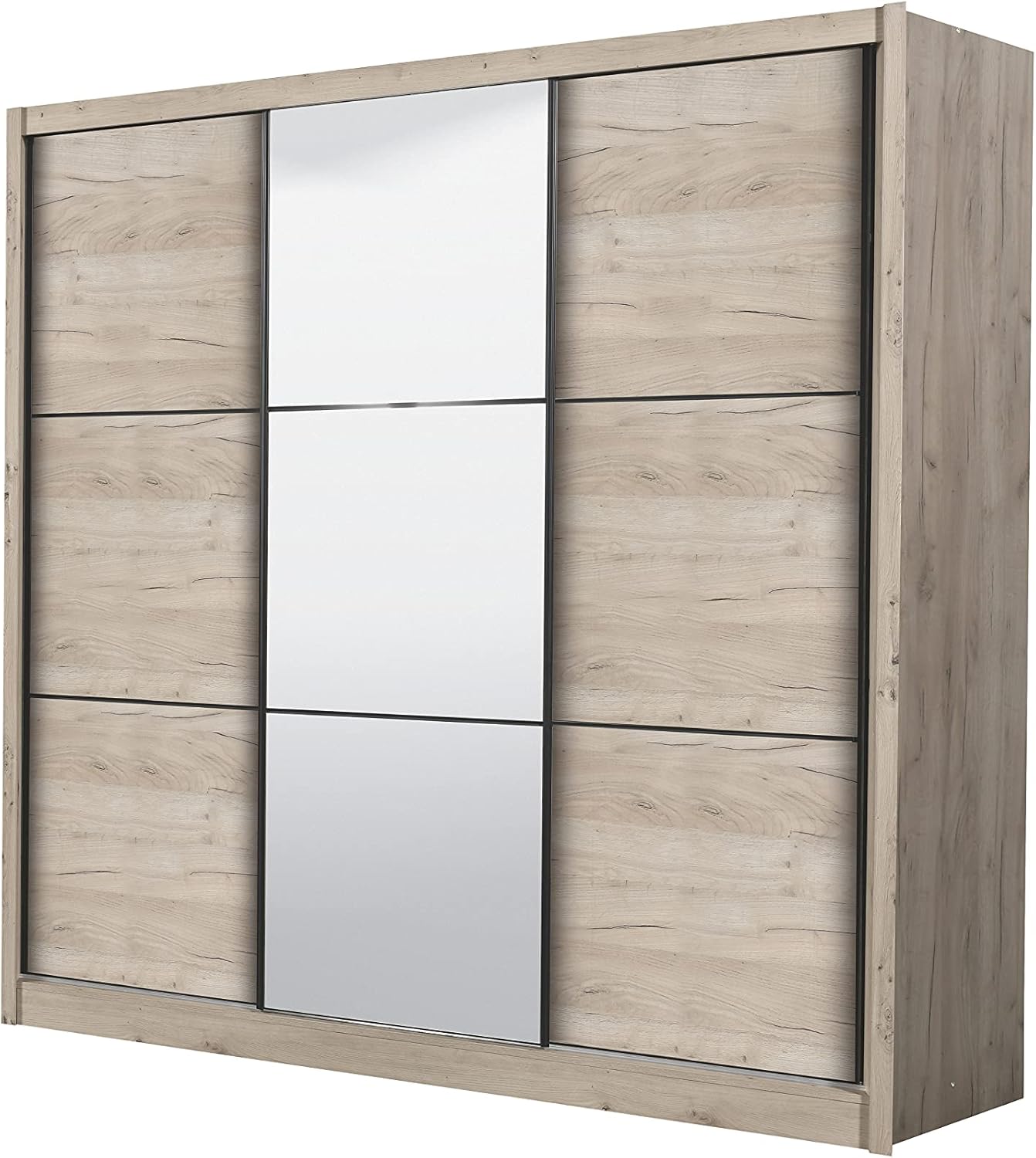Armadio guardaroba 3 ante scorrevoli una con specchio, struttura quercia, 242x60x215 cm