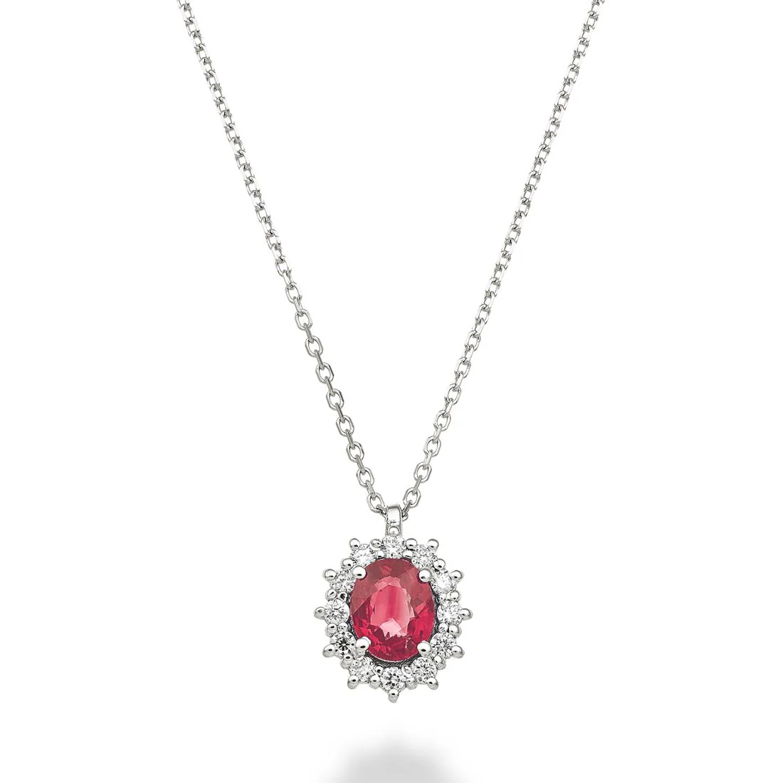 Collana Mikiko rubino ovale ct 0,40 e contorno diamanti ct 0,10