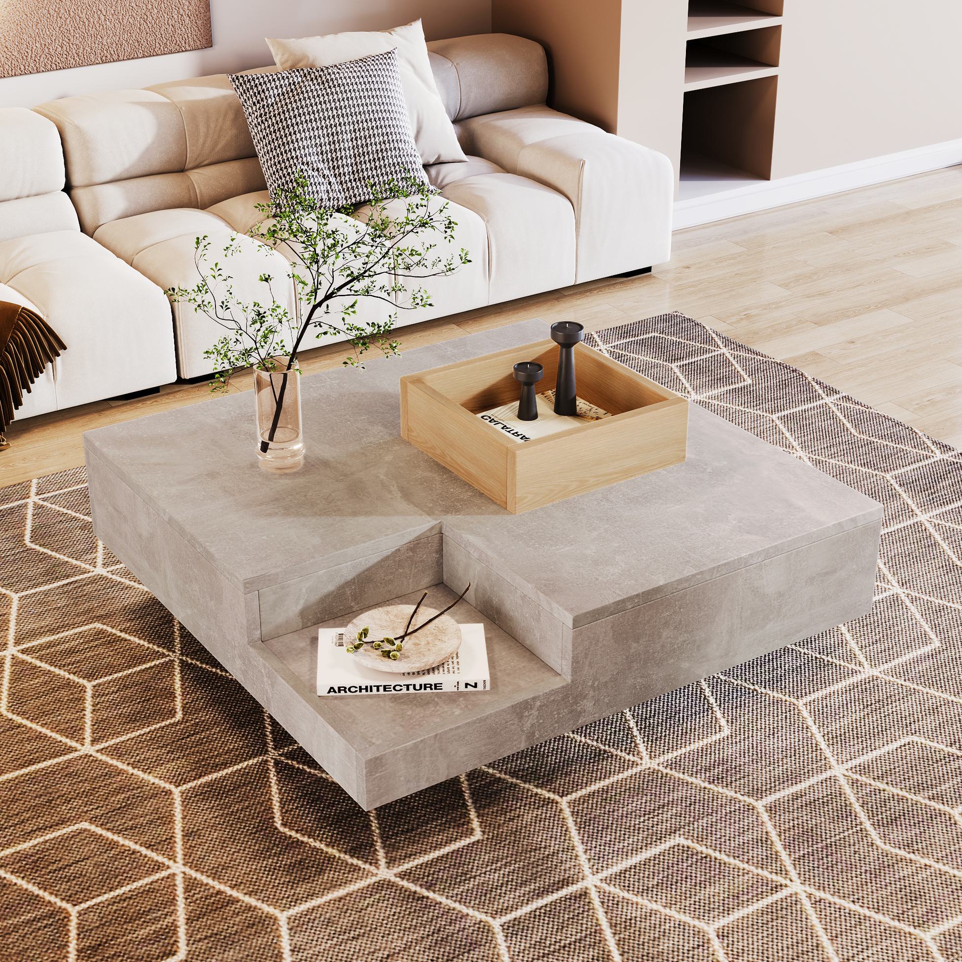 Quadratischer Couchtisch 72x72x30 cm , Designermöbel mit Aufbewahrungsbox zum Sofa, Betongrau