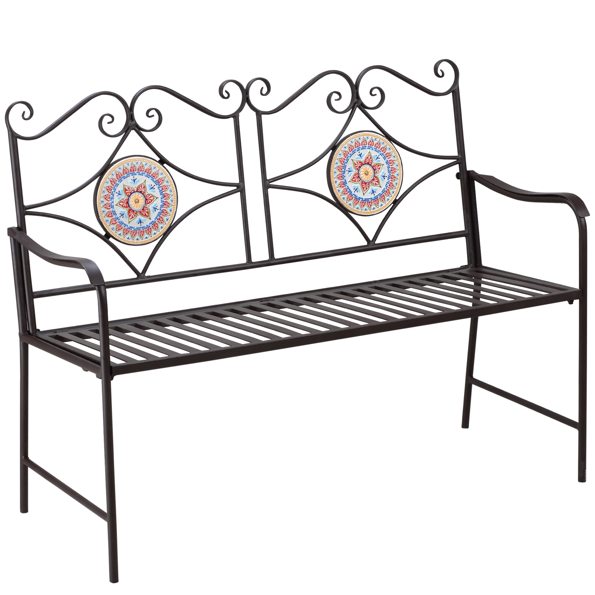 Outsunny Gartenbank im Vintage-Design, 2 Sitzer, wetterbeständig, mit Mosaiksteinen, 121 cm x 52 cm x 93 cm, Mehrfarbig