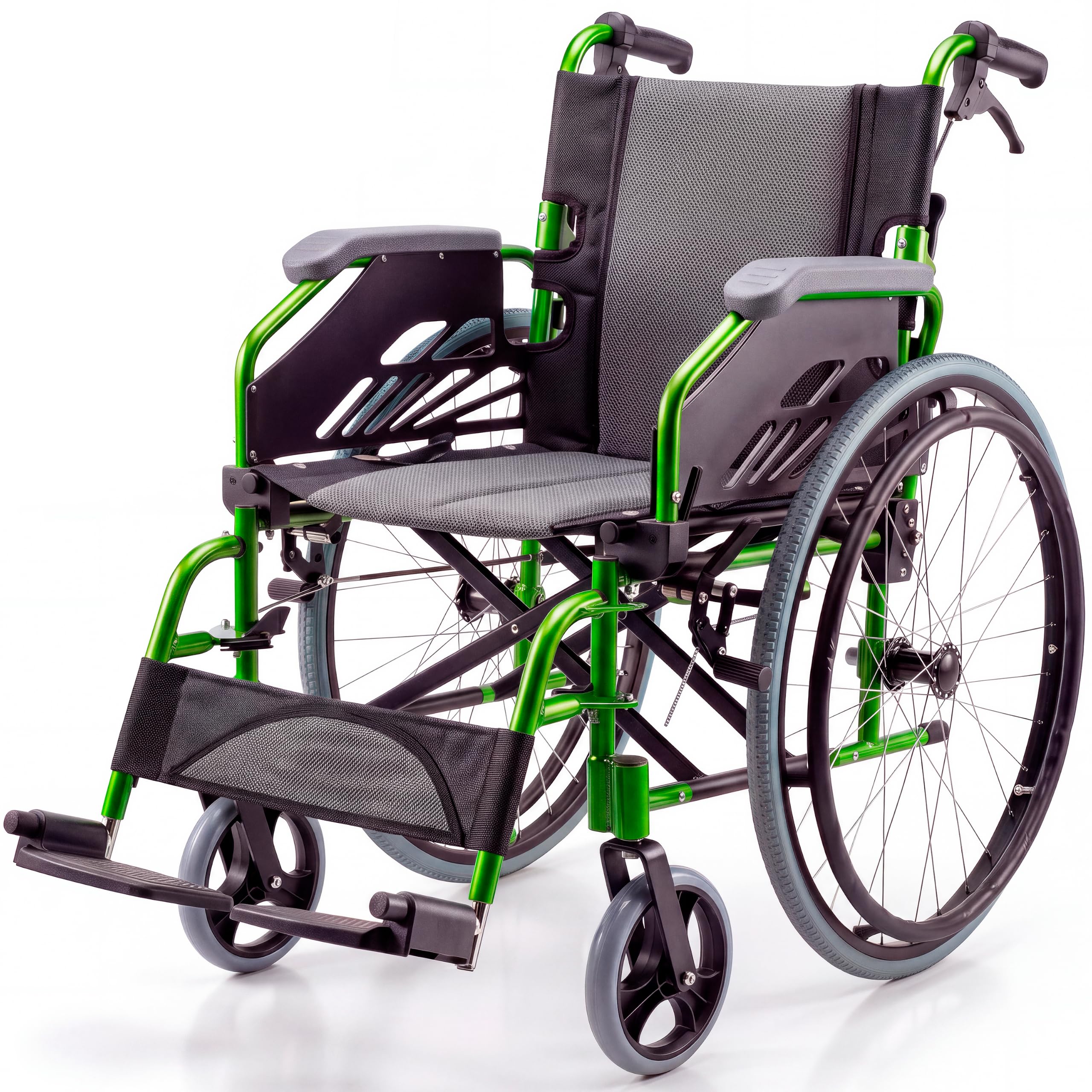 Faltbarer Rollstuhl aus Aluminium, selbstfahrend, mit klappbarer Rückenlehne und Armlehnen, abnehmbaren Fußstützen und doppeltem Bremssystem, bis 110