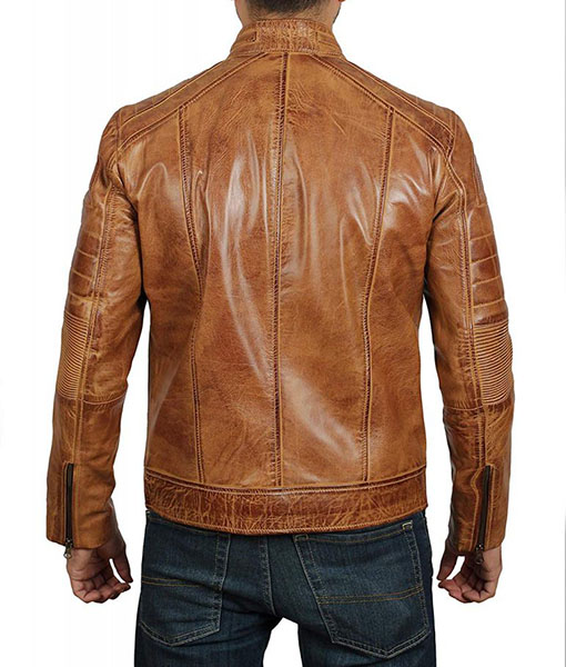 Mens Tan Quilted Biker Leather Jacket