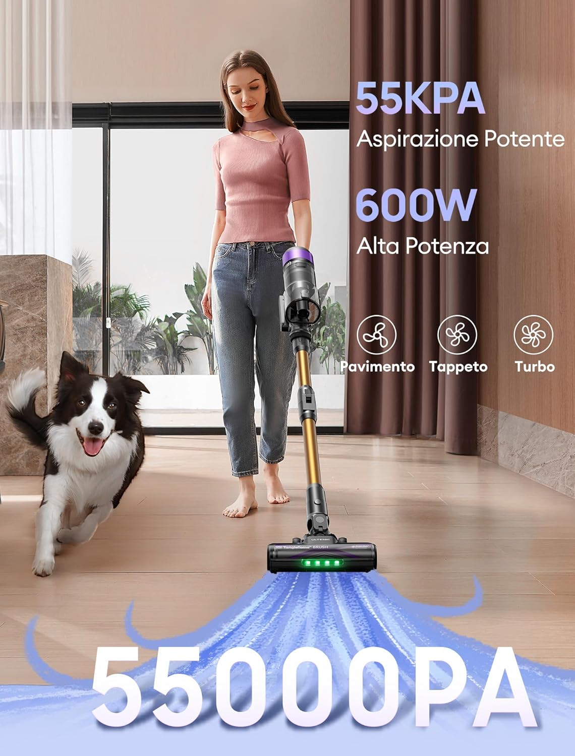 Ultenic U20 Aspirapolvere Senza Fili, 55KPA Autoportante Scopa Elettrica Senza Fili, Spazzola Aggiornata Anti-Grovigli, Aspirapolvere Potente da 60 Minuti,Potente per Pavimenti/Tappeti/Pelo di Animali