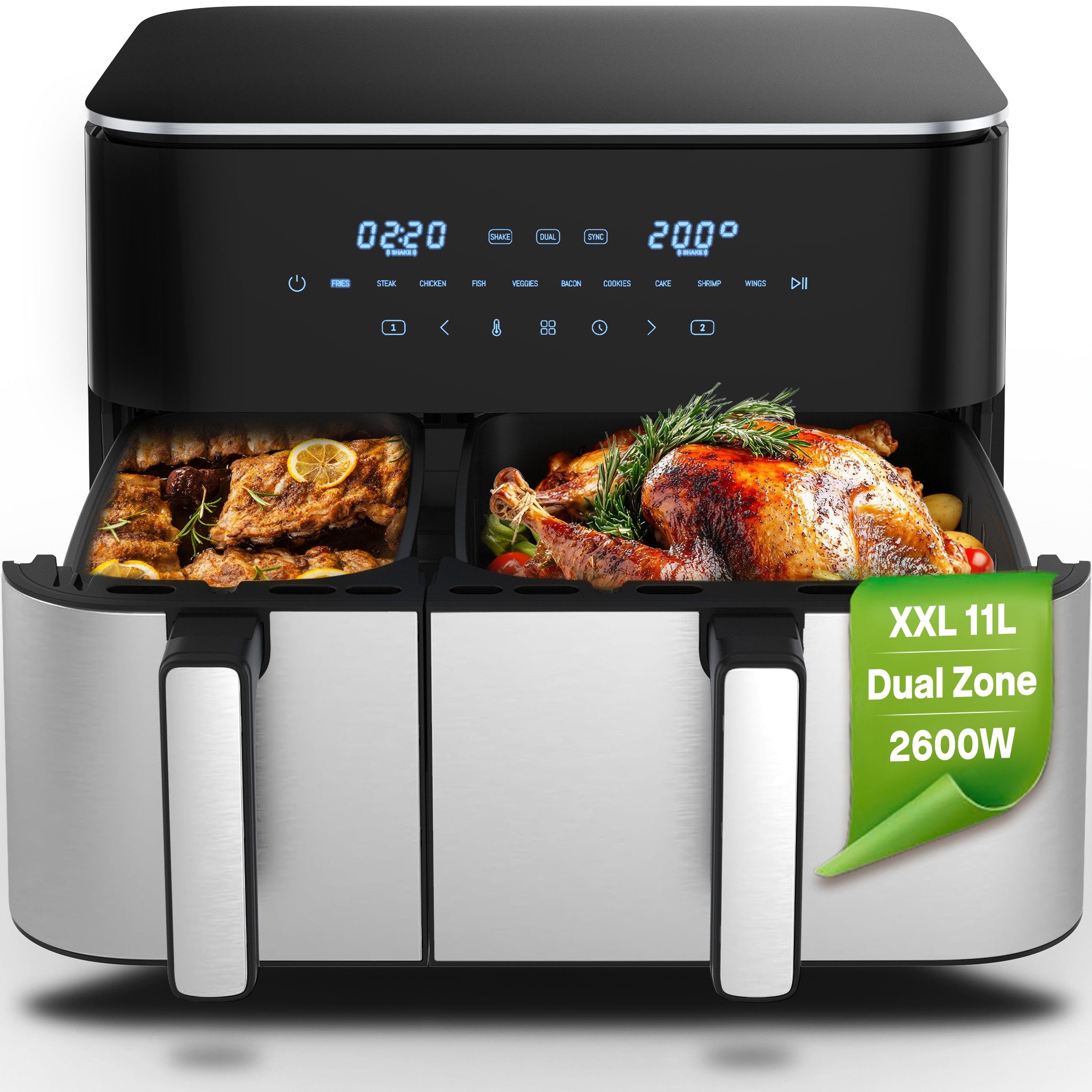 Heißluftfritteuse XXL 11L Airfryer Dual Zone 2600W – Heißluftfritteuse mit 2 Körben (4L+7L),10 Programme