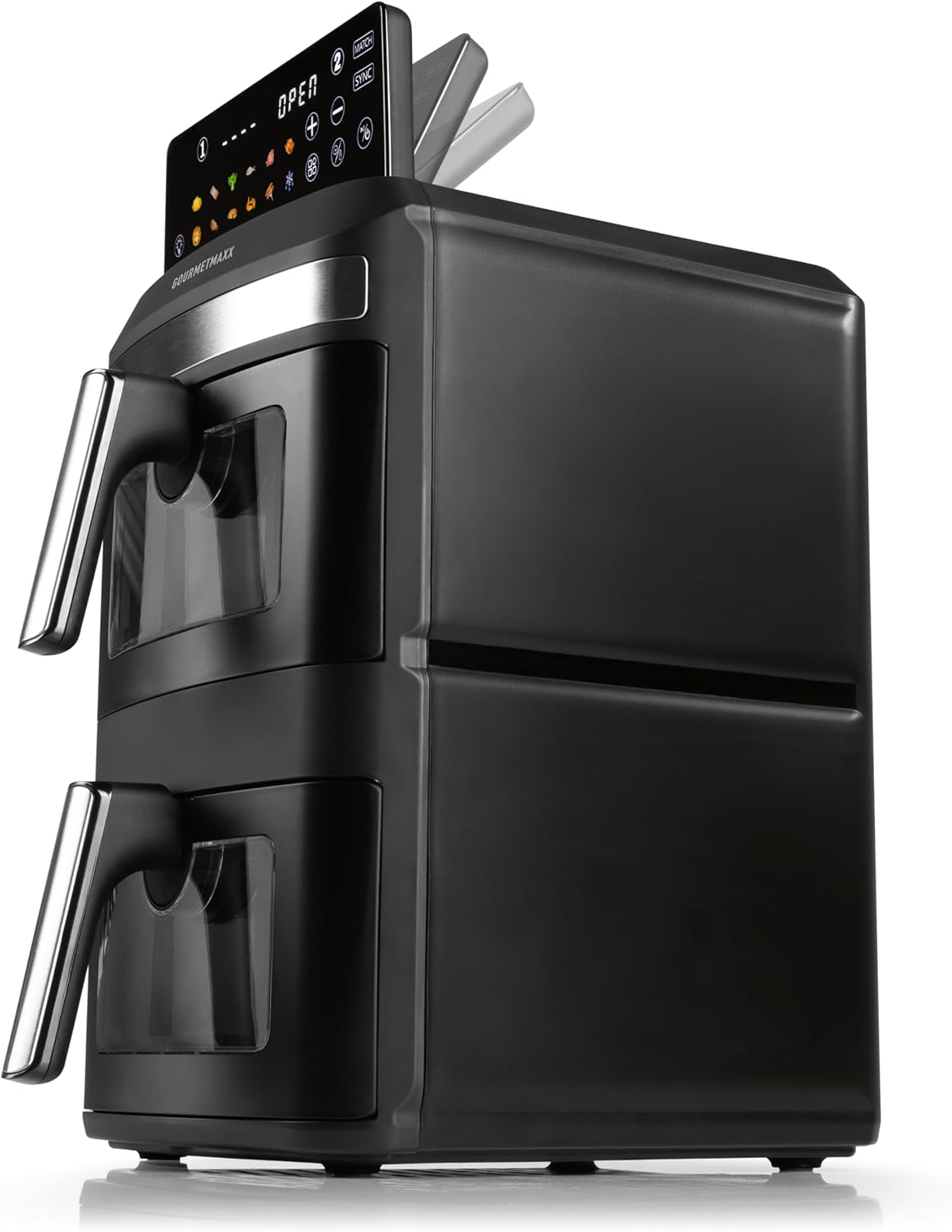 GOURMETmaxx FryUp XL - Friggitrice ad aria calda a doppia camera verticale con finestra – 12 l | Airfryer con display touch LED multicolore da 9,6 pollici e 12 programmi | Friggitrice ad aria calda a
