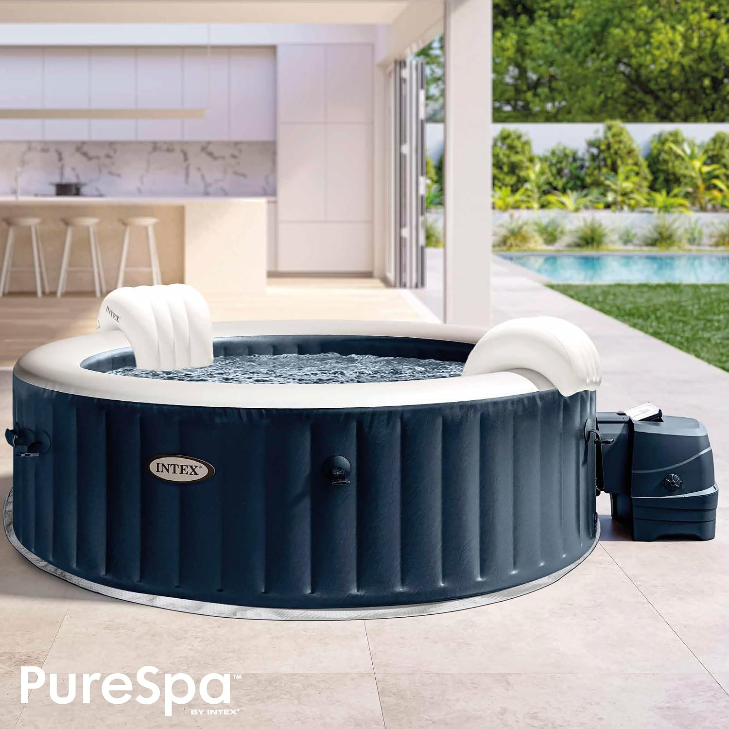 Intex 28430EX - Whirlpool aufblasbar PureSpa Bubble Massage, 4 Personen, 140 Düsen, Heizung, PVC, Navyblau, ⌀ 196x71 cm