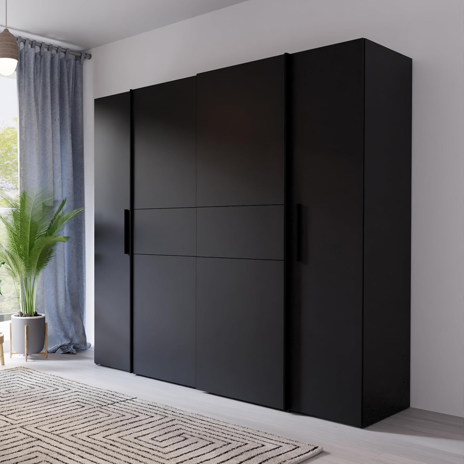 Forte KALIXTUS Modern 200 Wardrobe with Hanging Doors with 4 Doors, Matt Black Wood, W200 x H190.5 cm, Depth 61.3 cm