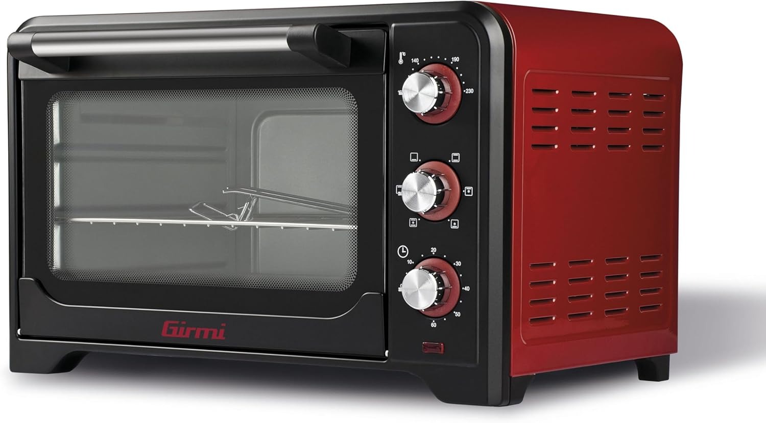 Girmi FE42 Forno Elettrico Ventilato, 2000 W, 42 Litri, Ventilazione, Luce interna, Griglia Inox, Funzione di cottura, Base, Grill, Combinata, Accessori inclusi, Rosso/Nero