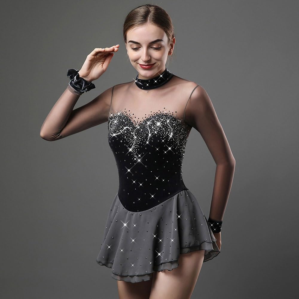 Eiskunstlauf Kleid Frauen Mädchen Eislaufen Kleid Grau Open Back Hohe Elastizität-Training Skating Wear Fest Farbigen Strass Langarm Ice