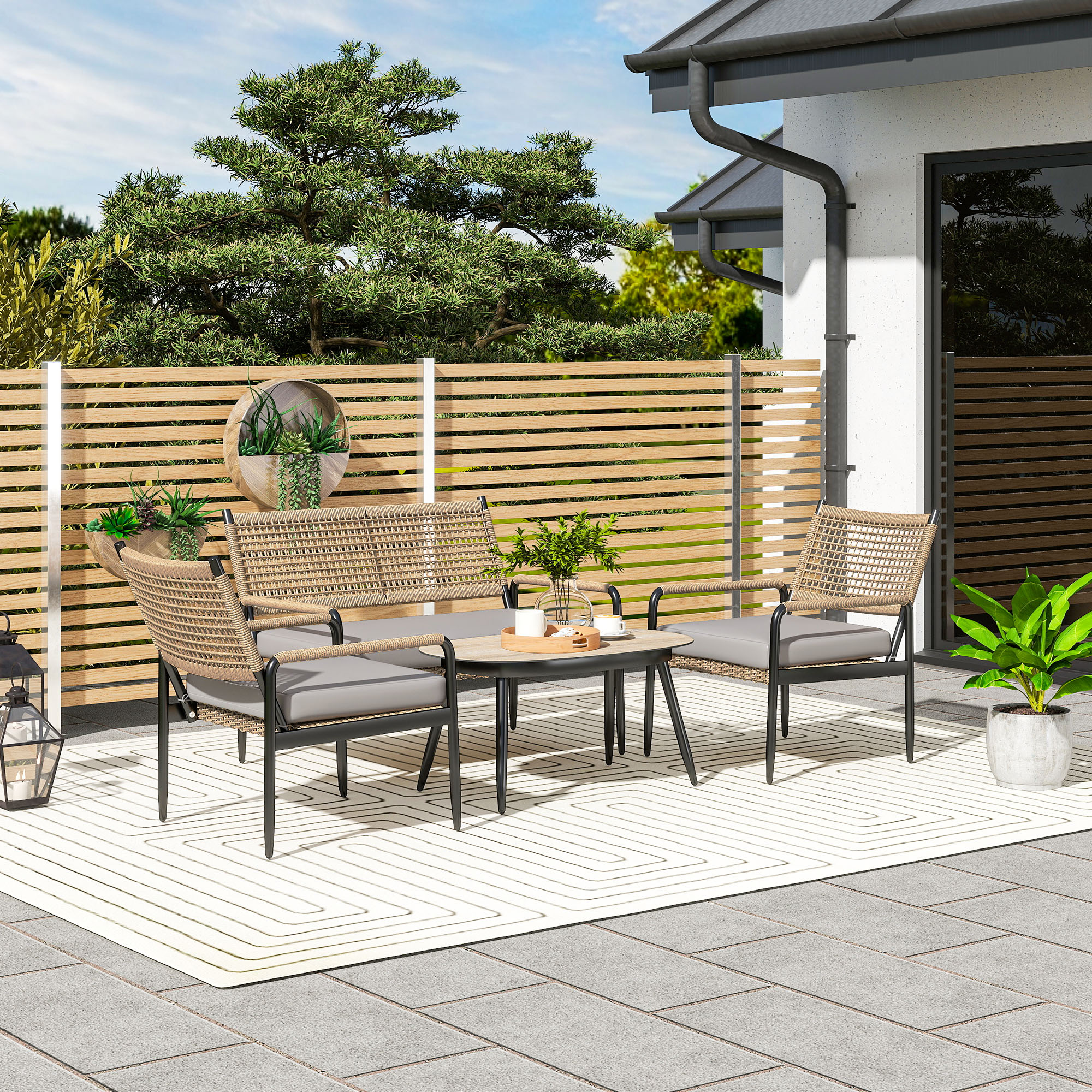 Outsunny Gartenmöbel Set aus Polyrattan Lounge-Set mit 2er Sofa Sessel Glastisch Kissen für 4 Personen Dunkelgrau+Gelb