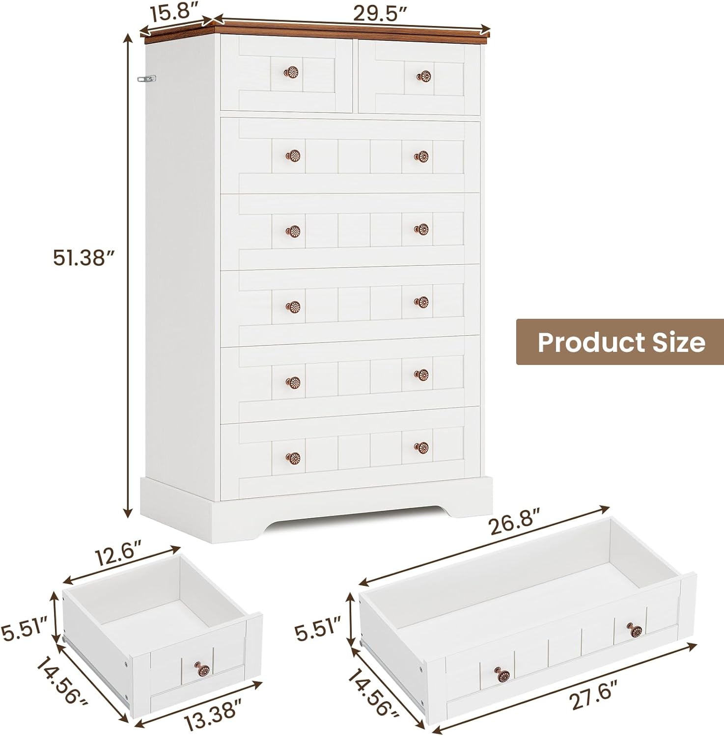 Hasuit White Dresser for Bedroom, Farmhouse 7 Drawers Dresser, 51.4