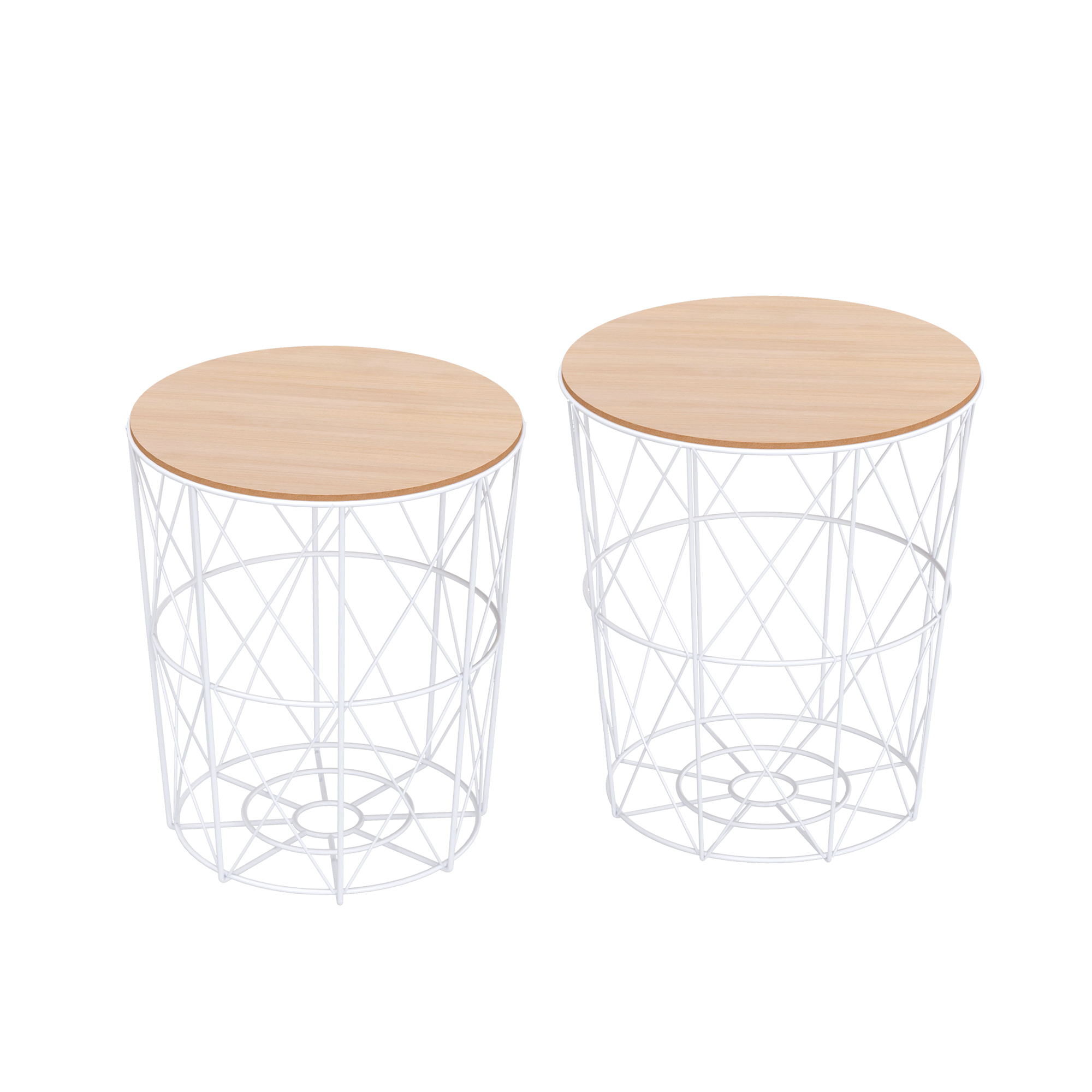 HOMCOM Couchtisch Rund 2er Set stapelbar Wohnzimmertisch Beistelltisch mit abnehmbaren Deckel Satztisch Kaffeetisch mit Metallgestell für Wohnzimmer Natur+Weiß
