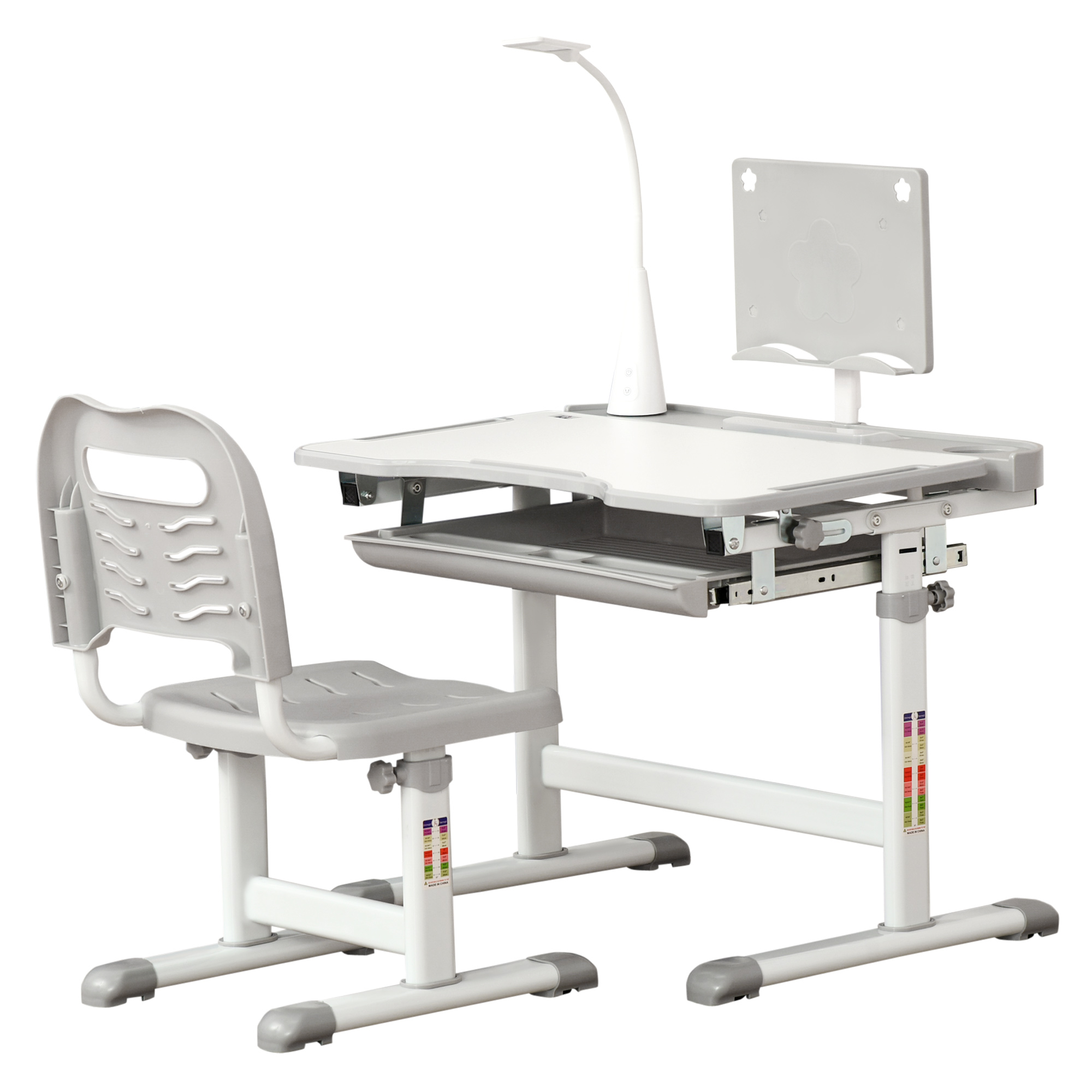 HOMCOM Kinder Schreibtisch mit Stuhl - Kinder Schreibtisch und Stuhl Set höhenverstellbar - Lampe, Leseständer, ausziehbares Tablett mit Mehrfachspeicherung - Grau Weiß