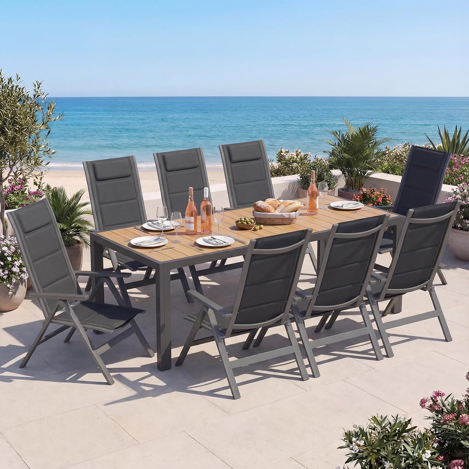 Devoko Gartenmöbel Set 8 stühle mit Tisch, Bestehend aus 1 Aluminiumtisch und 8 Klappstühlen für balkonmöbel. 1 x 189 cm Gartentisch mit Holzmaserung