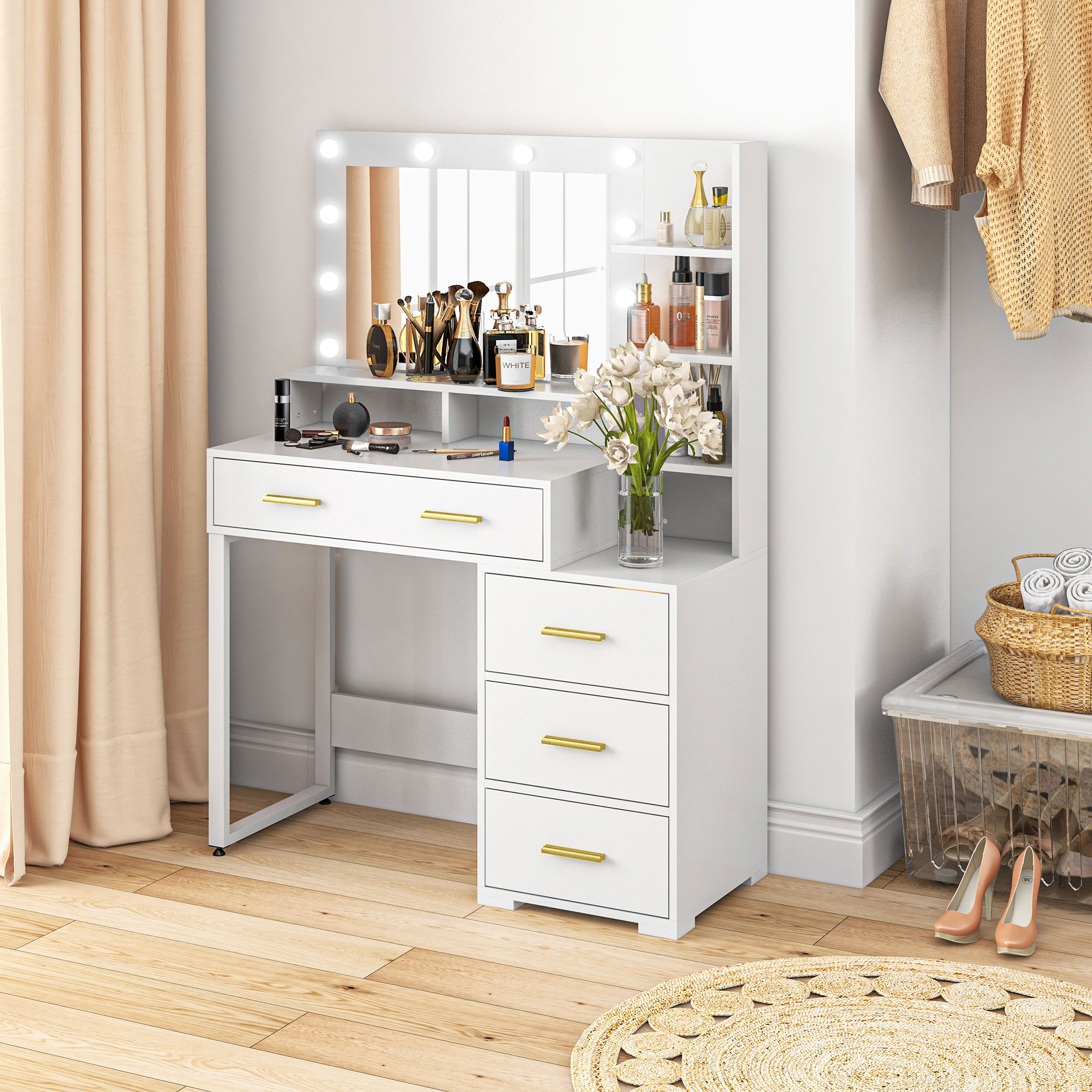 HOMCOM Schminktisch mit Spiegel und 9 LED-Lichtern, 4 Schubladen und 6 offene Fächer, 100 x 40 x 138 cm, weiß