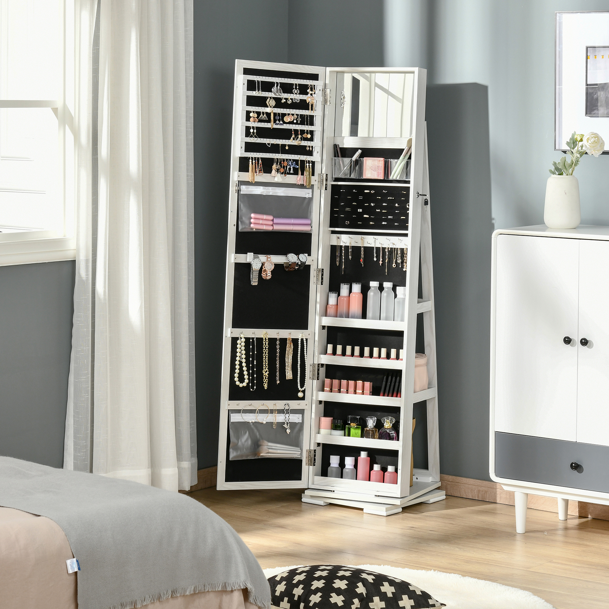 HOMCOM Verriegelbare Schmuckdrehbox mit Spiegel - Schmuckschrank mit Spiegel - MDF Hellgrau