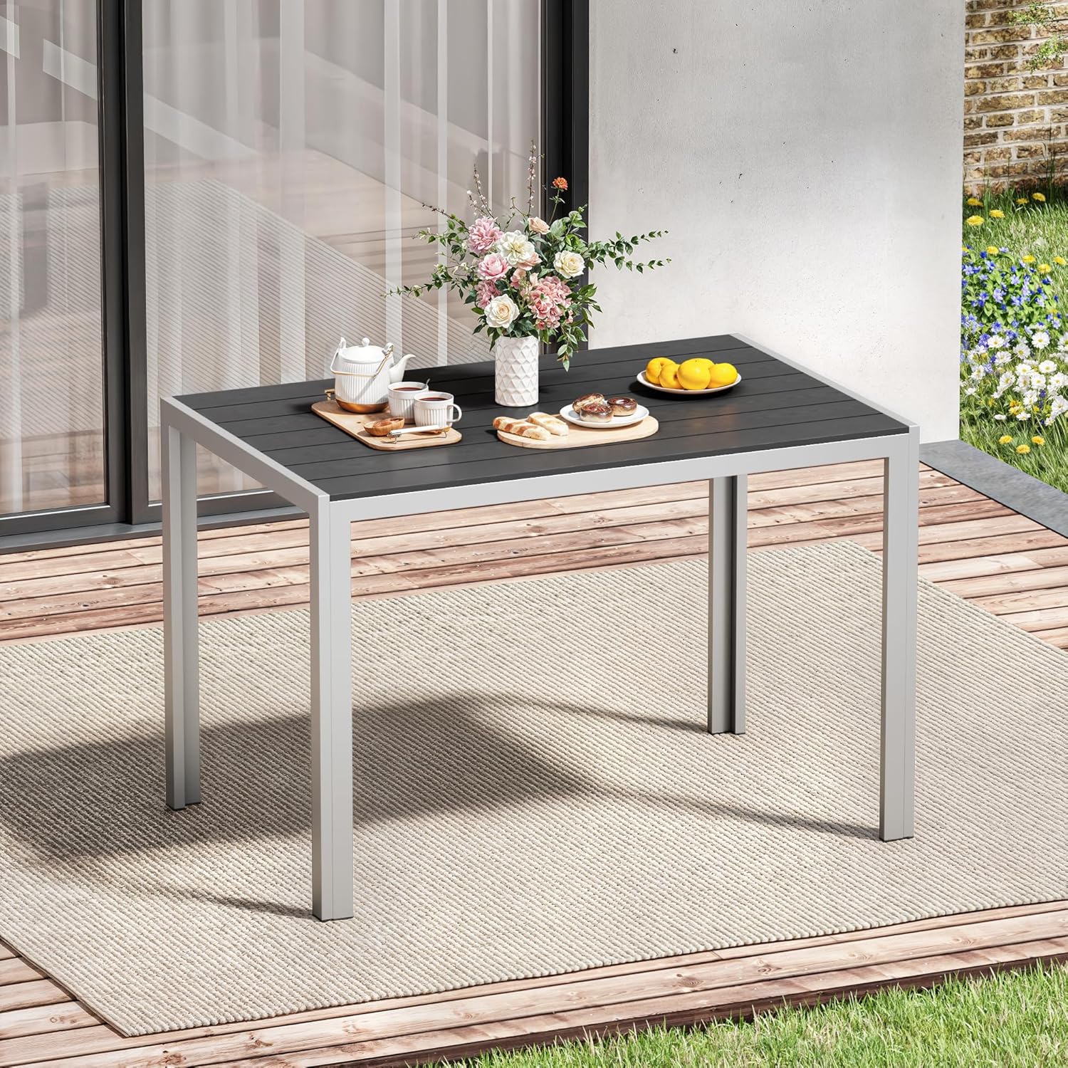 Amopatio Gartentisch Wetterfest 110×70 cm, WPC Balkontisch Aluminium, Rechteckiger Terrassentisch UV-beständig Gartenmöbel für Garten & Outdoor, Moderner Esstisch Grau-Schwarz