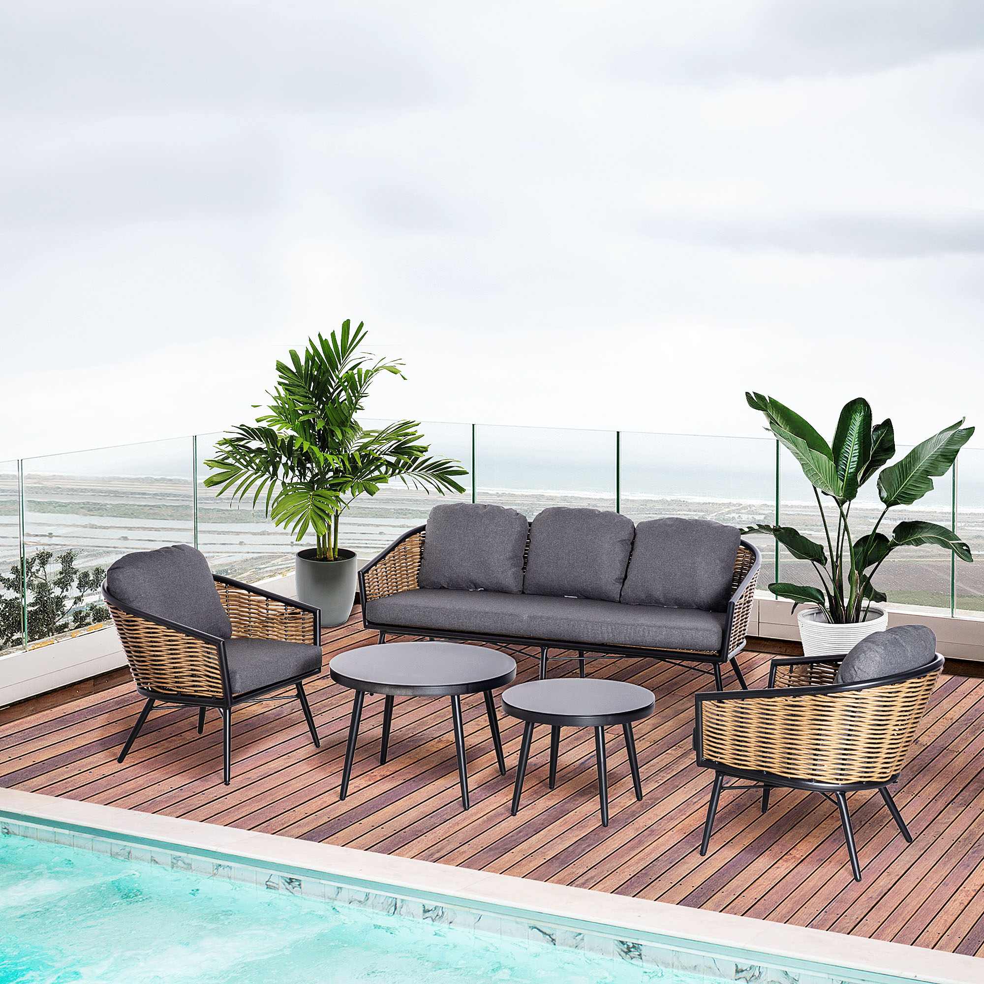 Outsunny Gartenmöbel-Set aus PE-Rattan, PE-Rattan-Lounge-Set, 5tlg., Schwarz +Braun + Grau