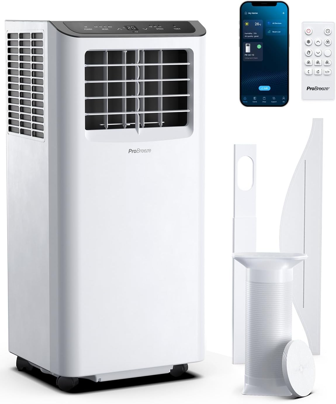Pro Breeze Mobiles Klimagerät 14000 BTU – Klimaanlage mit Abluftschlauch, WiFi Smart Home Steuerung, 24h Timer, LED Display & Fensterabdichtung – Mobile Klimaanlage für Wohnung, Büro & Zuhause