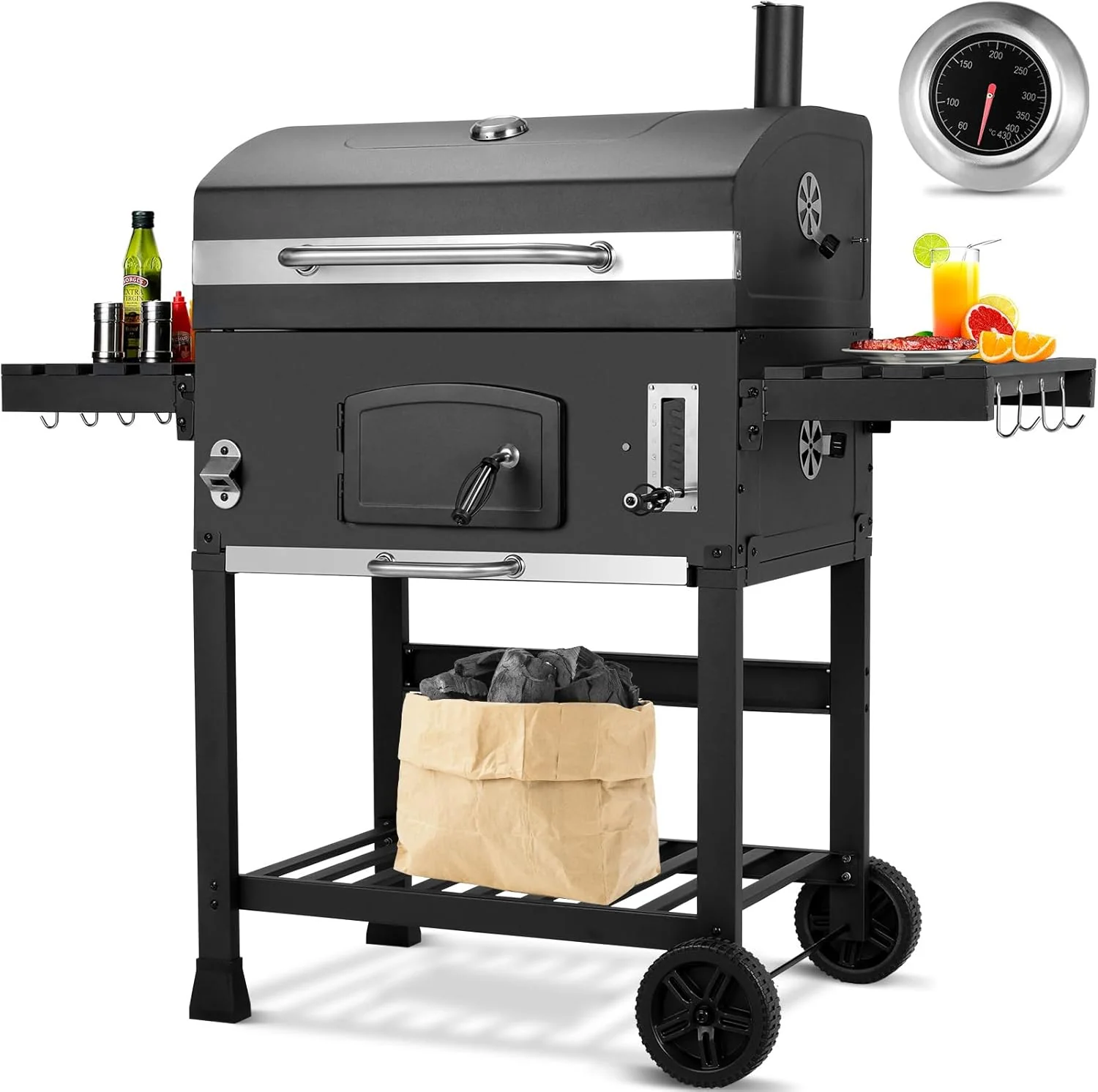 Barbacoa de Carbon XXL, Parrilla de Carbón con Chimenea y Tapa, Parrilla con Carrito BBQ Smoker con Ruedas y Termómetro, Grande BBQ Carbon para Camping y Jardín