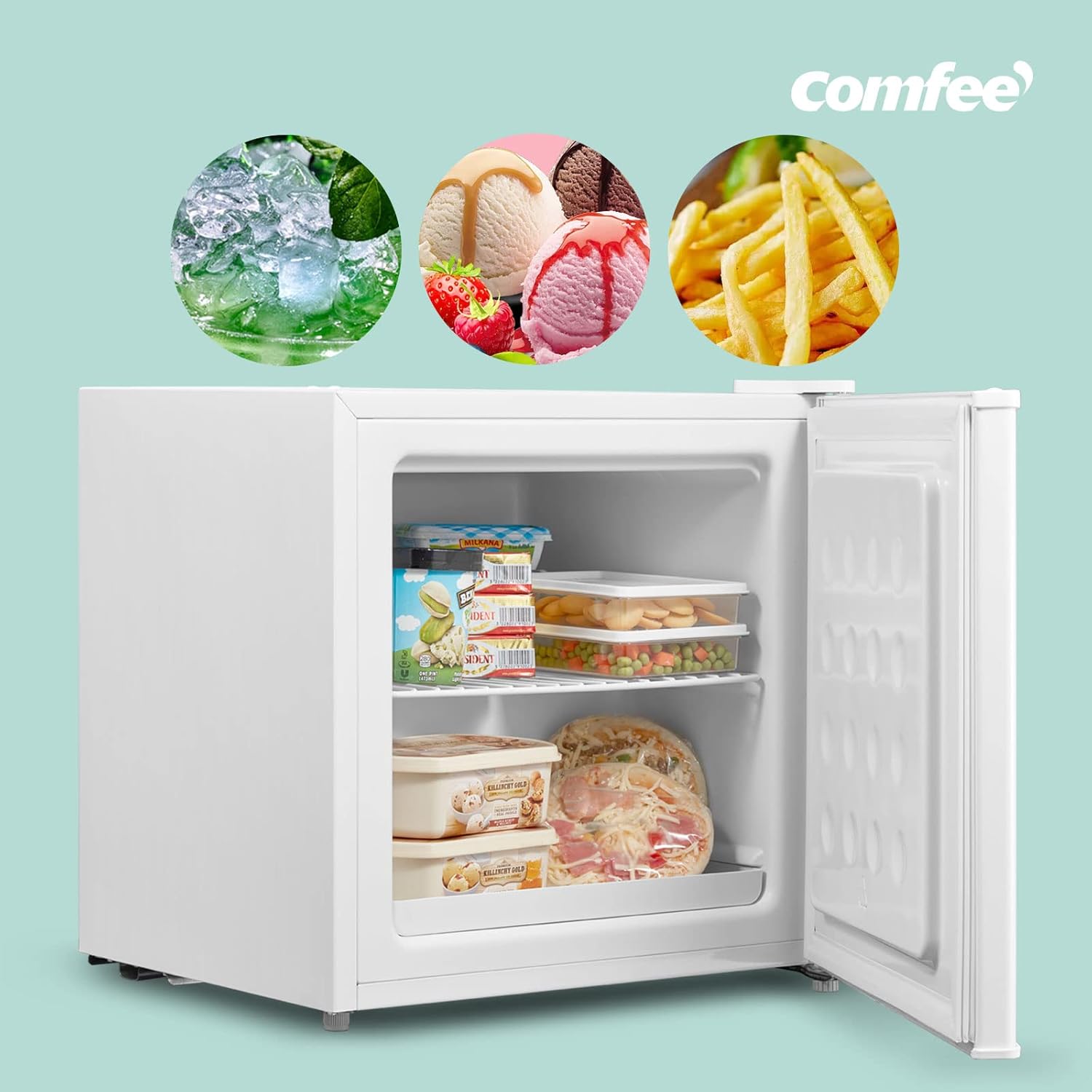 COMFEE RCU40WH3EU(E) 31L Mini Gefrierschrank mit Inverter-Kompressor, D-Energieeffizienz, 4-Sterne-Gefrierleistung, Leise 39 dB, Kompakter Tisch Gefrierschrank für Büro, Küche, Studentenwohnheim Weiß