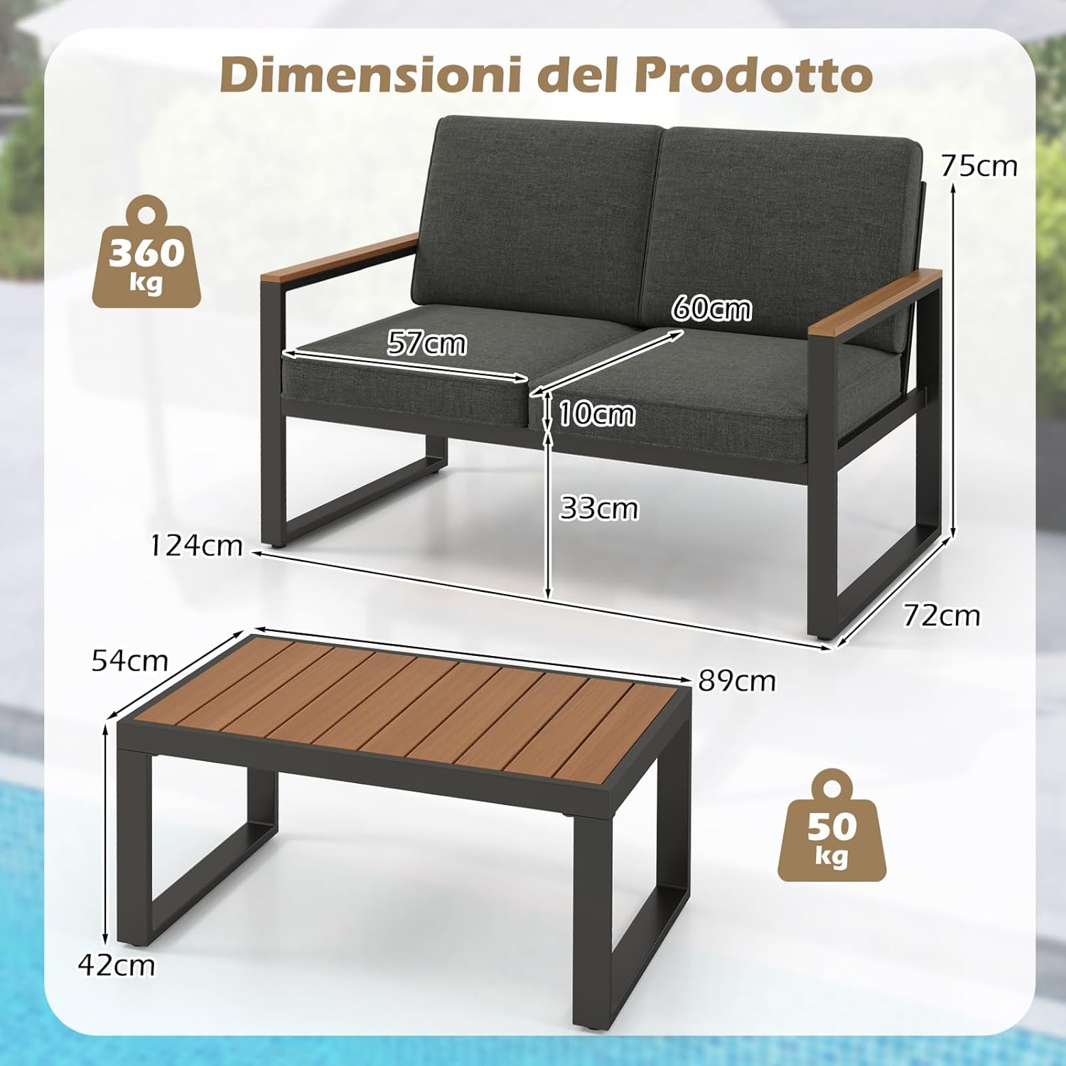 COSTWAY 2 Piece Aluminium Garden Set Garden Table and Armchair Set, Outdoor Conversation Set, Padded Sectional Sofa with Coffee Table, Patio Balcony