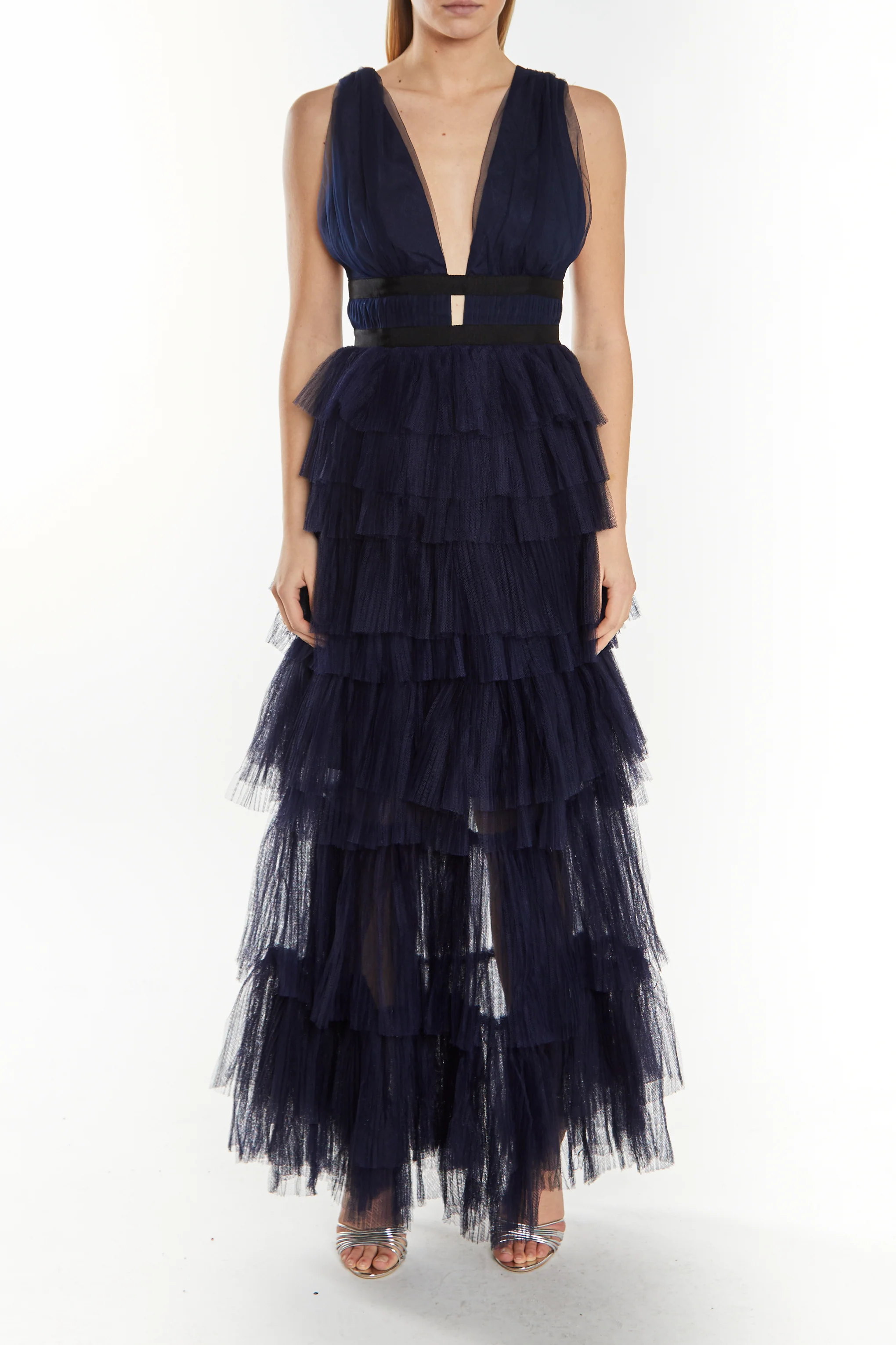 Eliza Navy Plunging Neck Layered Tulle Skirt Maxi-Dress
