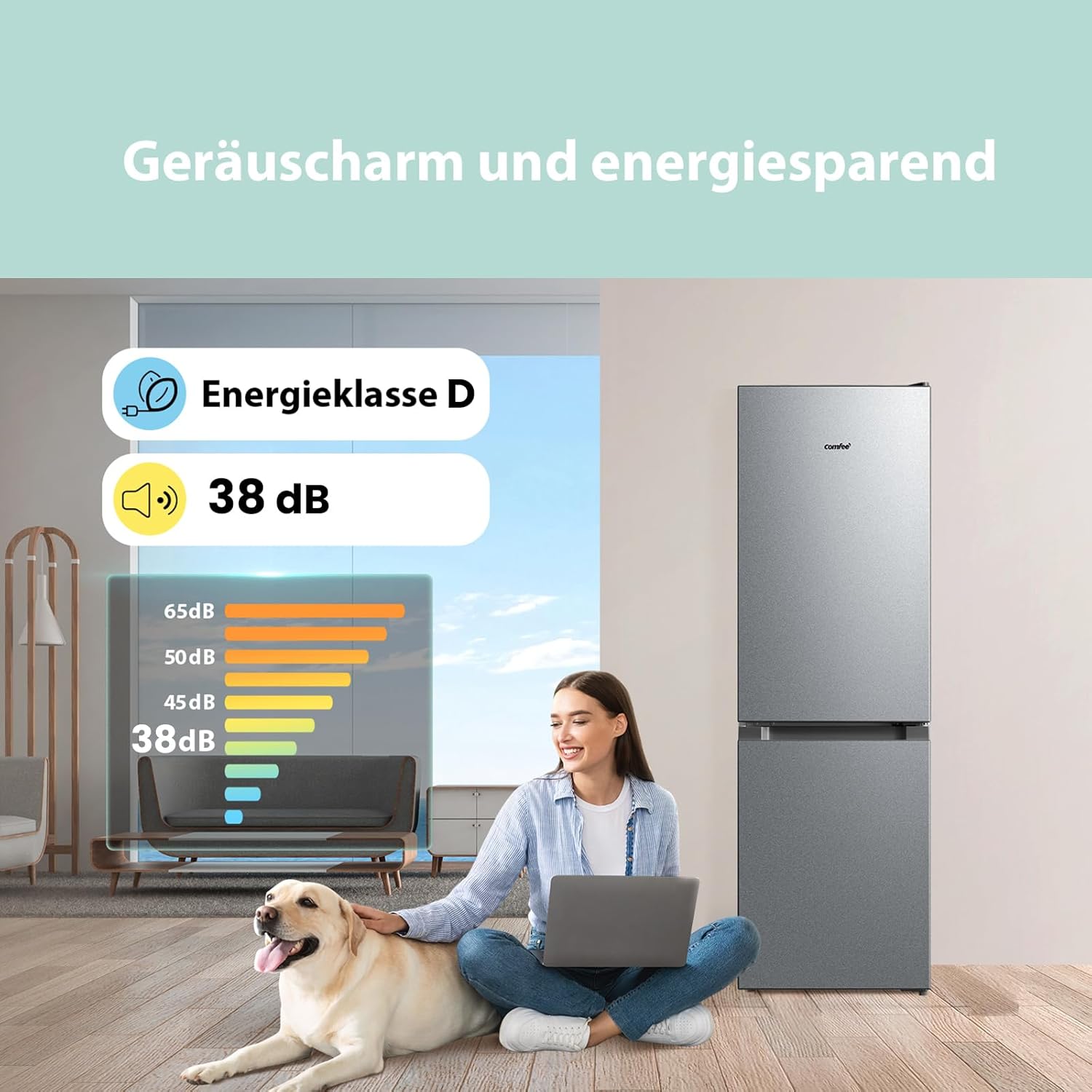 Comfee RCB169DK2(E) Fridge/Freezer Combination, 150 cm Height, Low Frost, Adjustable Fridge Temperature, LED Light, 195 kWh per Year, Fridge Capacity 115 L, 59 L Freezer, Black