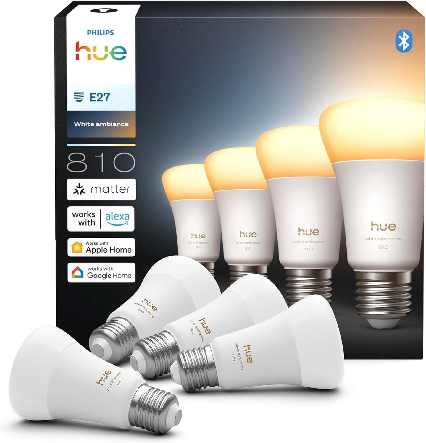 Hue Bundle – 4 x Quad-Packs White Ambiance 810 A60 E27 Smart-Leuchtmittel (16 Glühbirnen), dimmbare LED, warmes bis kaltes Licht, App- und Sprachsteuerung, funktioniert mit Alexa, Google Home