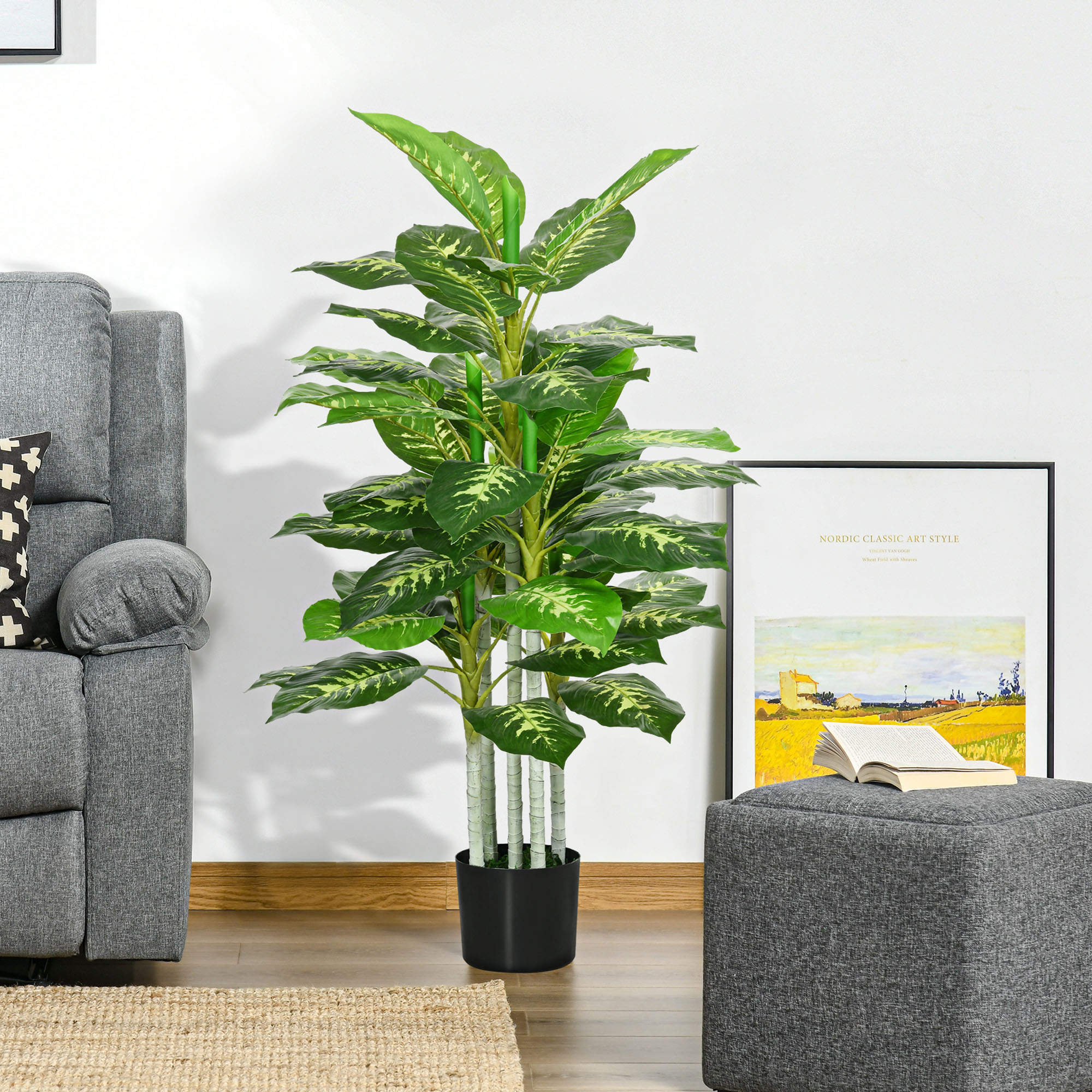 HOMCOM Kunstpflanze, Kunststoff-Pflanze, Zementtopf, Indoor und Outdoor, 120 cm, Grün