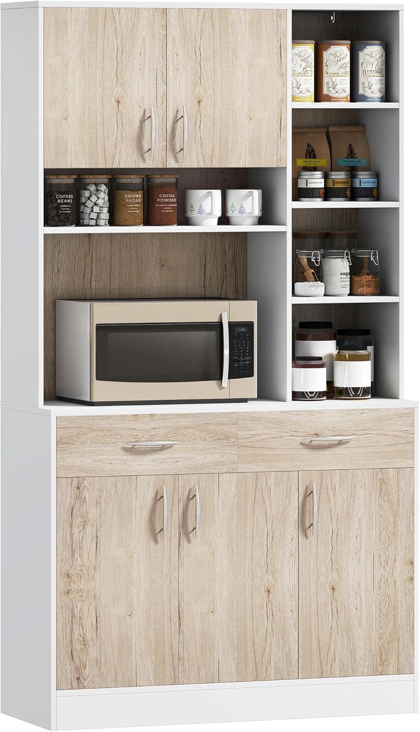 HOMCOM Mobile Buffet Dispensa Cucina, Ante Cassetti e Vani Aperti, 100L x 39P x 181.5Acm Bianco e Legno
