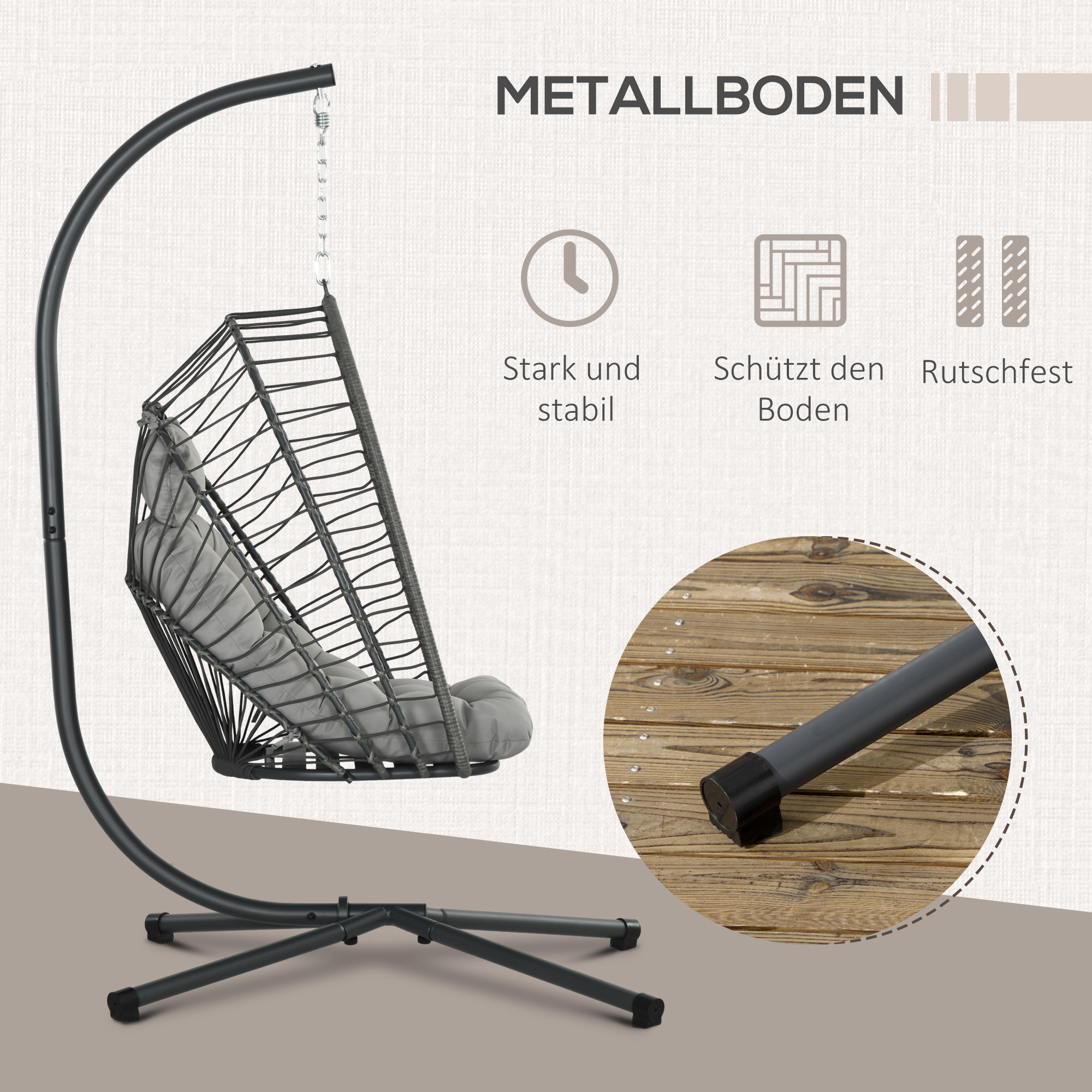 Outsunny Hangingstoel Rotan Loungestoel, weerbestendig, 1 kussen, 100 cm x 131 cm x 194 cm, Lichtgrijs