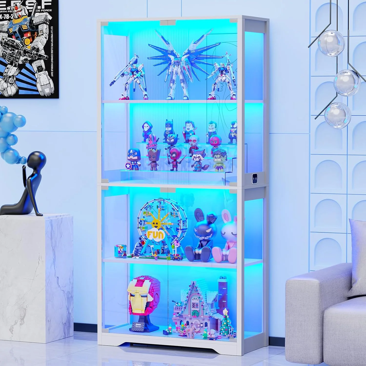 Display Cabinet with Glass Doors, 4-Tier Curio Cabinet with 3 Color Lights for Collectibles, Bookcase for Books Trophy, Glass Display Case with Human Body Sensor, Storage Cabinet, Black