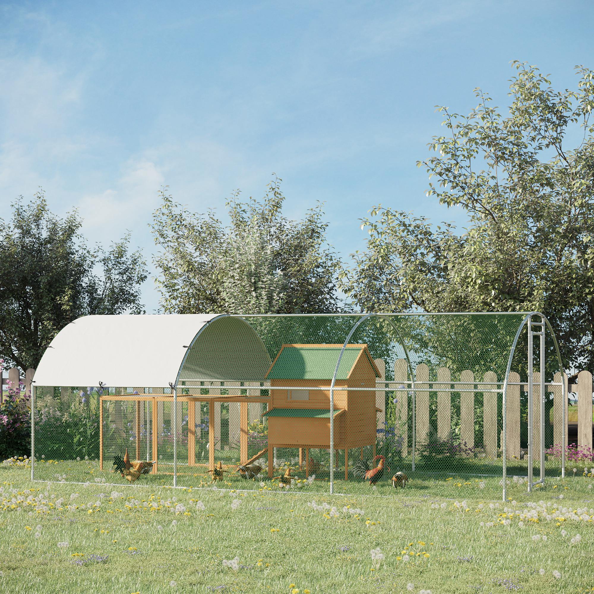 PawHut Hühnerstall Freilaufgehege 2,8x5,7x1,97m mit Schloss Verzinkter Stahl Hühnerhaus mit Wasserdichtem, Anti-UV Dach Freigehege Outdoor Geflügelstall für Hühnerkäfig, Kleintiere Silber