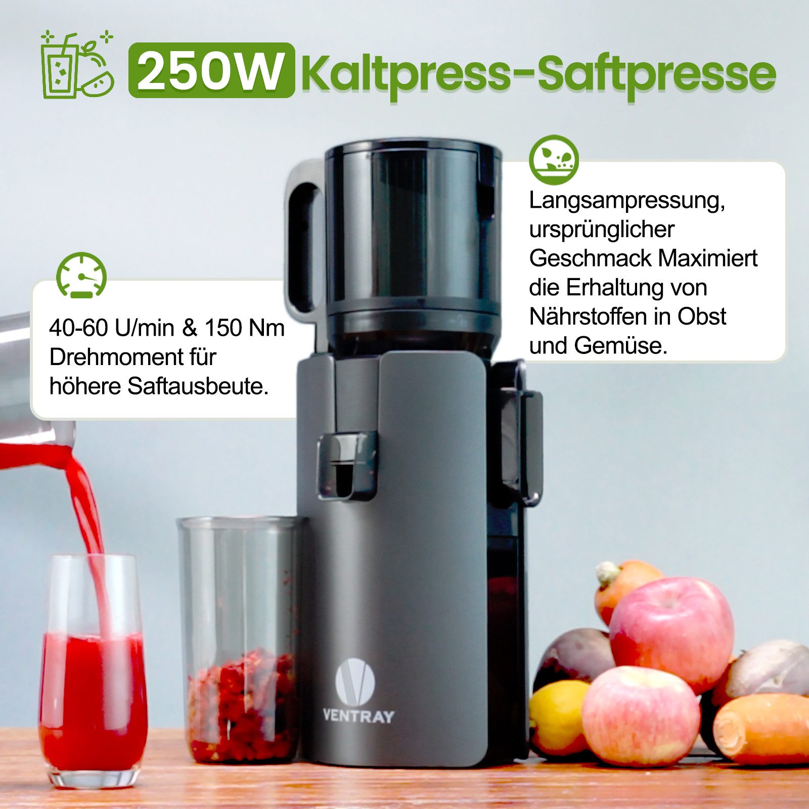 Slow Juicer Ventray Kaltpresser, Breiter Schacht, Zweistufig Schraube, Leicht Rein