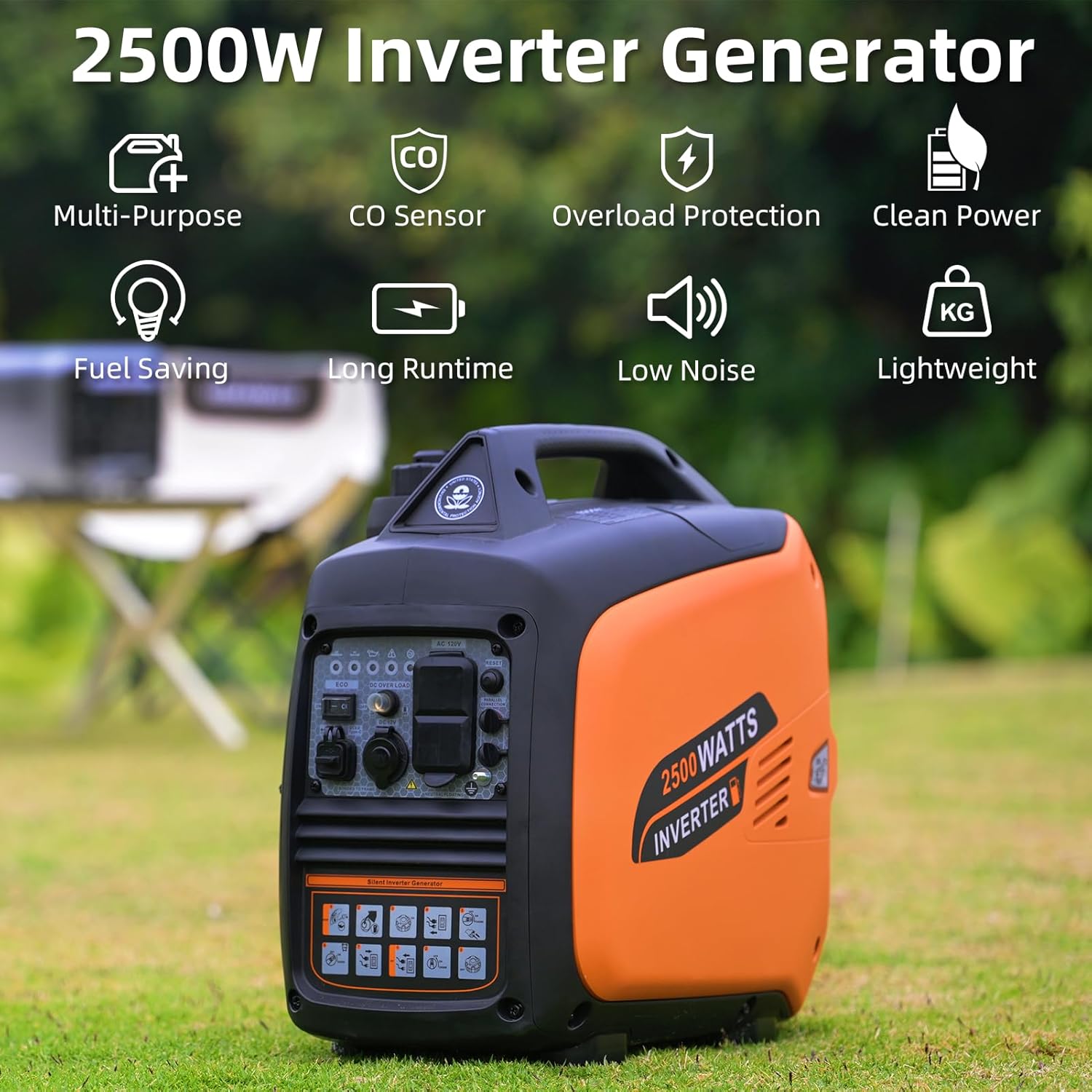 Portable Inverter Generator 2500W Gas Powered  Long Runtime Gas Generators for Home Use  Camping  Super Quiet Emergency Home Backup  with CO Sensor  EPA Compliant