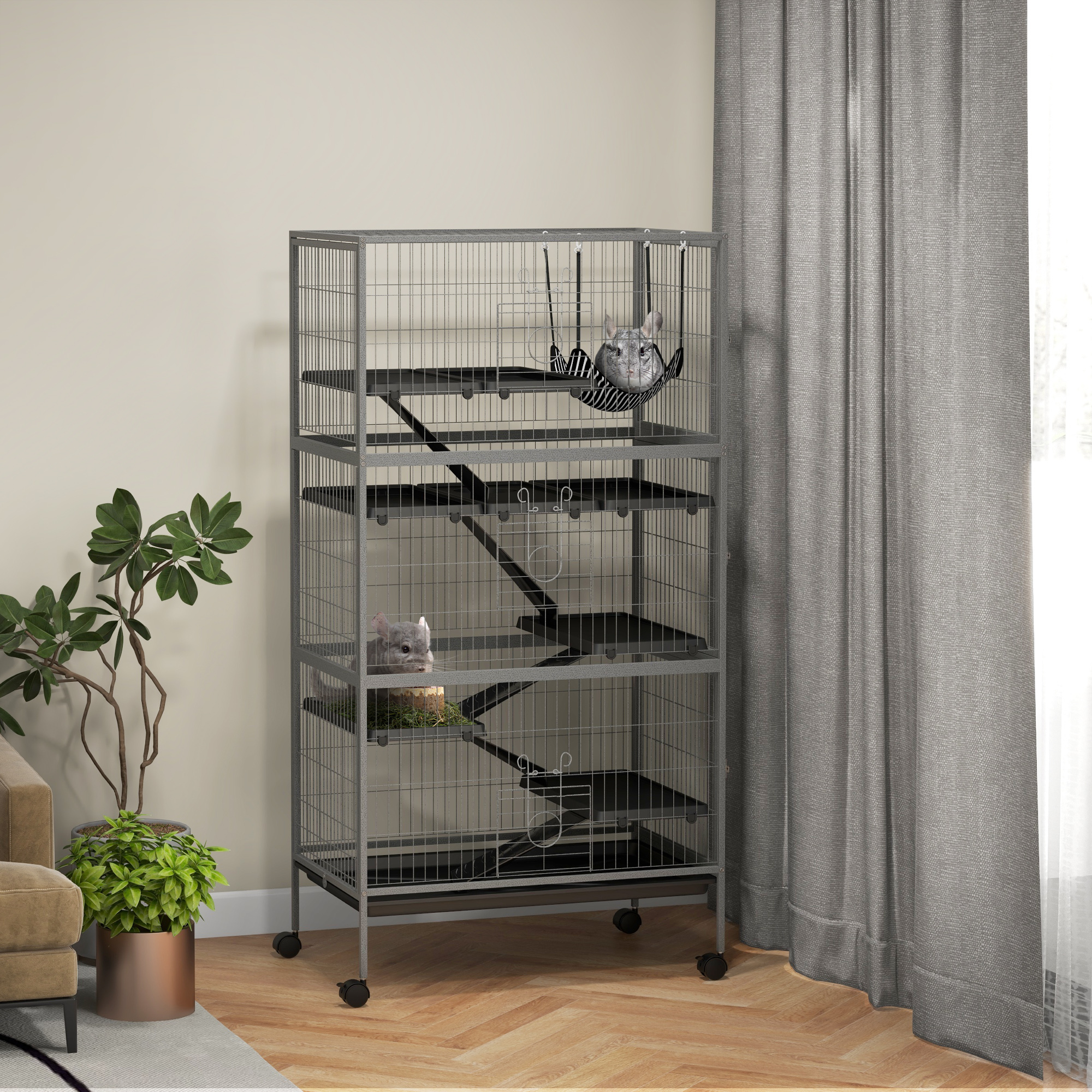 PawHut Käfig für Nagetiere multifunktional 4 Ebenen 3 Rampen 4 Türen Maße 80L x 52B x 159H cm aus Stahl in Grau-Silber-Schwarz