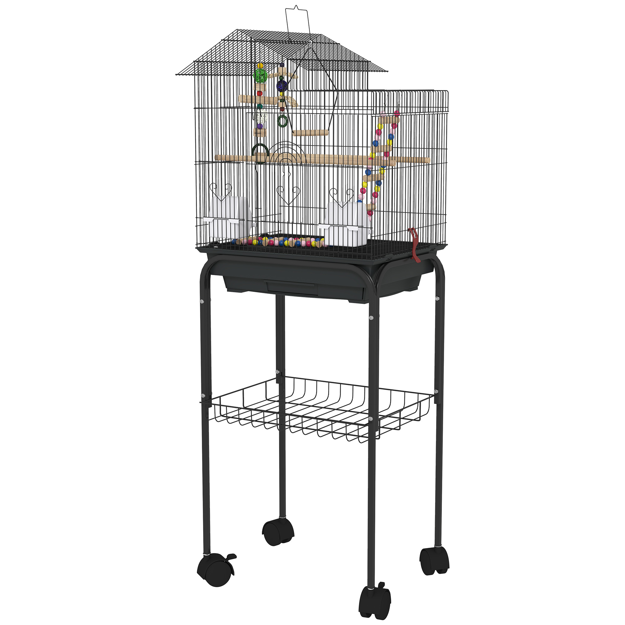 PawHut Vogelkäfig mit Ständer, Schwenkrädern, Regal und Zubehör, 46x36x120 cm, Schwarz
