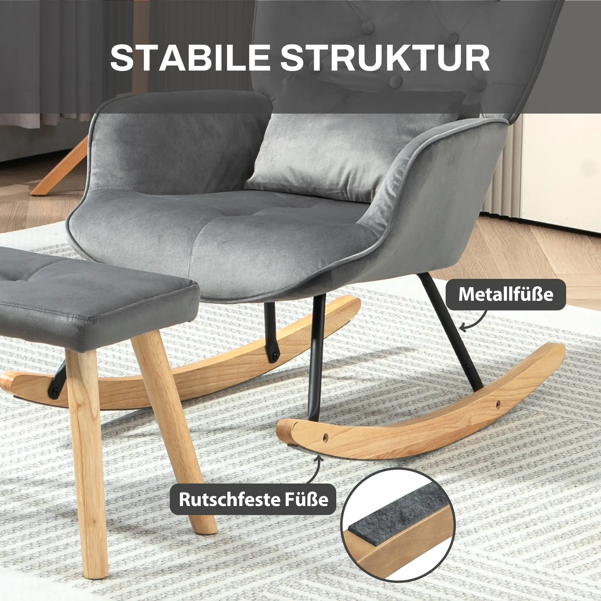 HOMCOM Relaxsessel mit Hocker Schaukelstuhl Set Samt Dunkelgrau