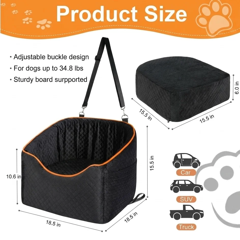 Elevated Dog Booster Car Seat �C Safety Belt Attachment & Quilted Interior