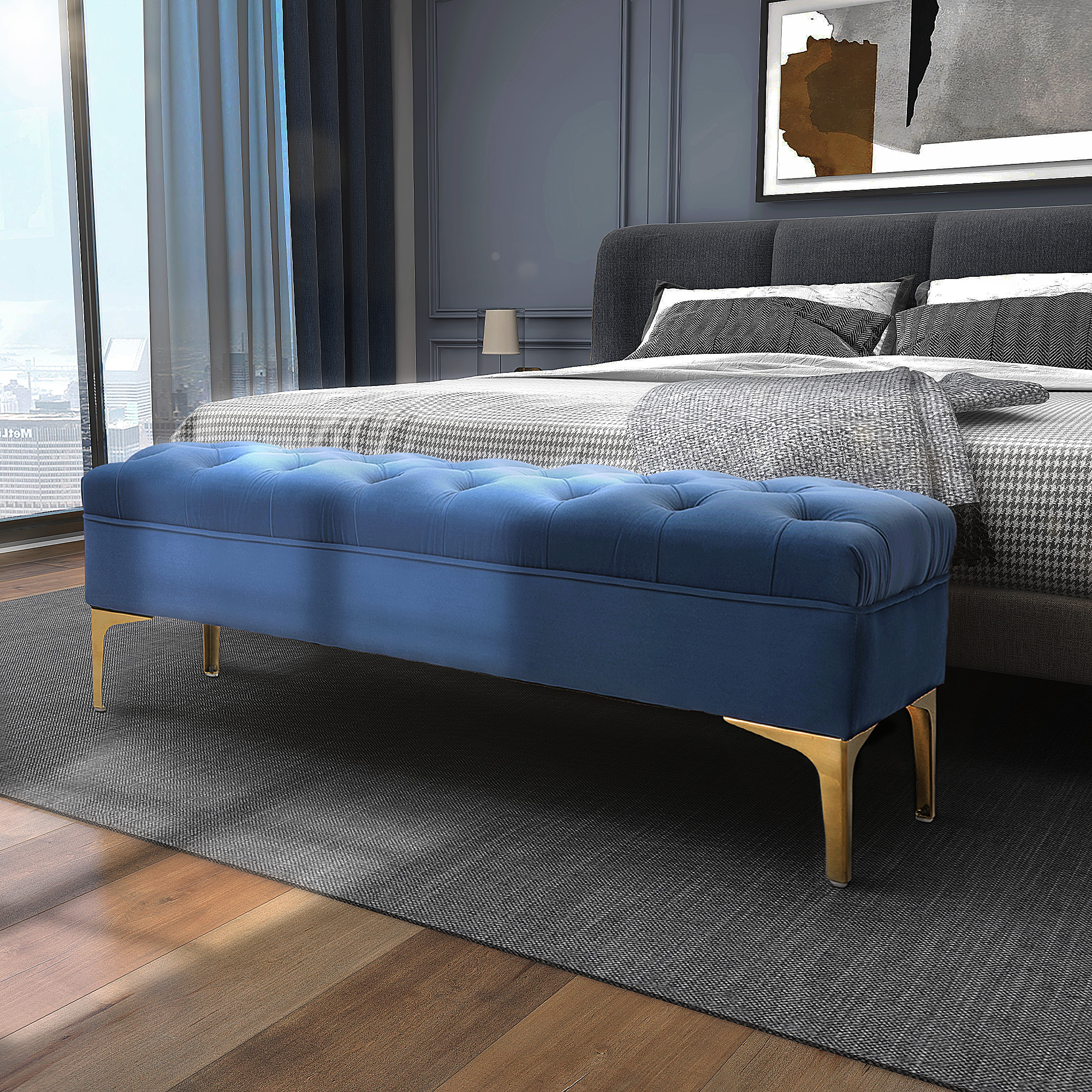 HOMCOM Sitzbank Bettbank Schuhbank mit erhöhten Beine Schlafzimmer Samt Blau
