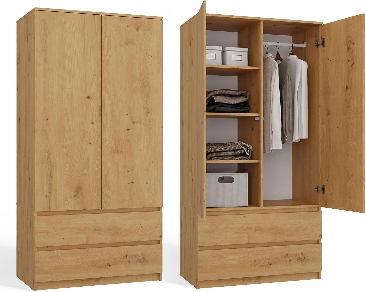 CDF Kleiderschrank 90 cm breit Zweitüriger Flurschrank mit 2 Schubladen