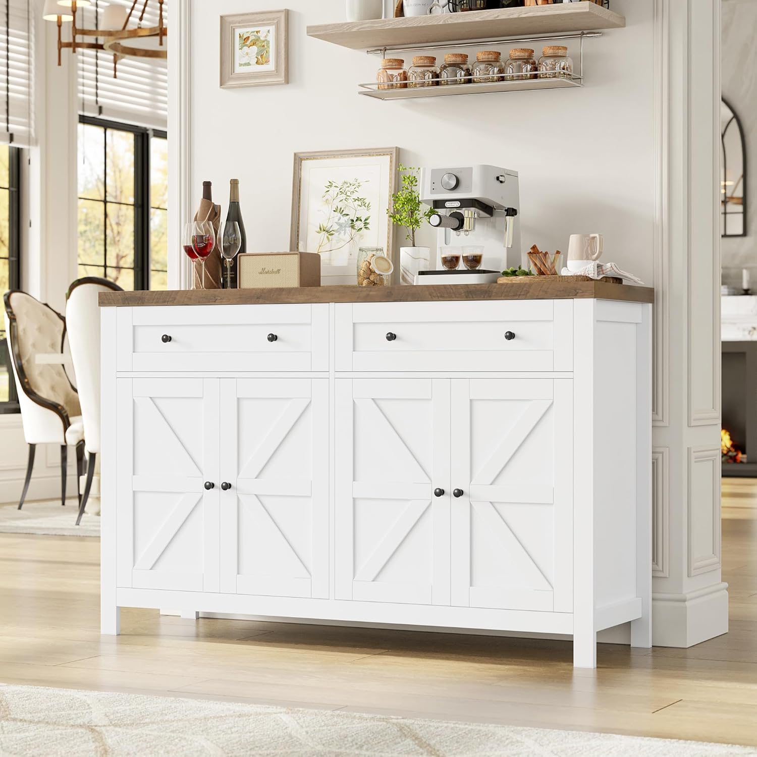HOCSOK 140 cm Credenza Cucina, Madia Soggiorno Moderna con Ripiani Regolabili, Buffet Mobile con 2 Cassetti 4 Ante, per Soggiorno, Cucina, Ingresso, Multiuso, Bianco