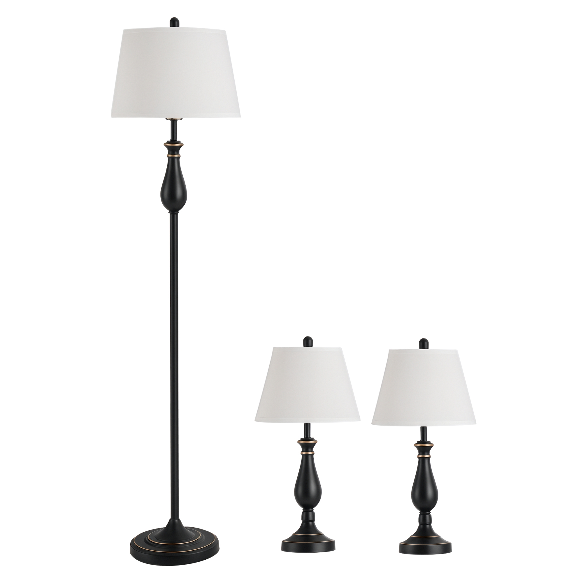 HOMCOM 3er-Lampenset 2 Tischlampe(ø30 x 62H cm) + 1 Stehlampe(ø38 x 158H cm)  Vintage, Schwarz+Weiß, Metall, PS, Polyester, Baumwolle E27 Lampensockel