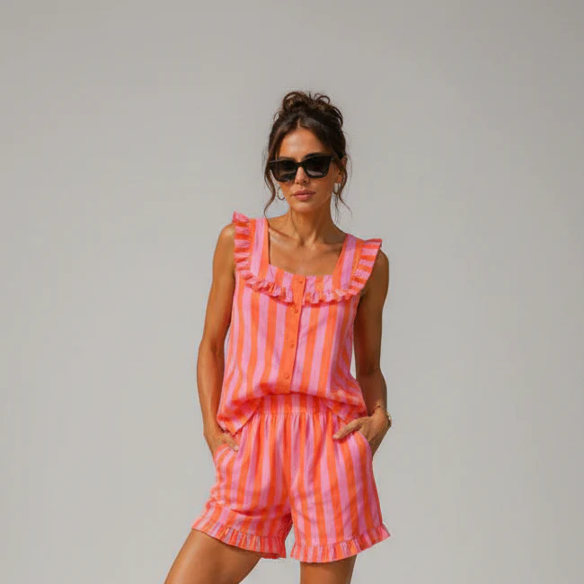Striped Ruffle Tank Top & Shorts Set �C Orange | Women's Luxury Cotton Co-ord