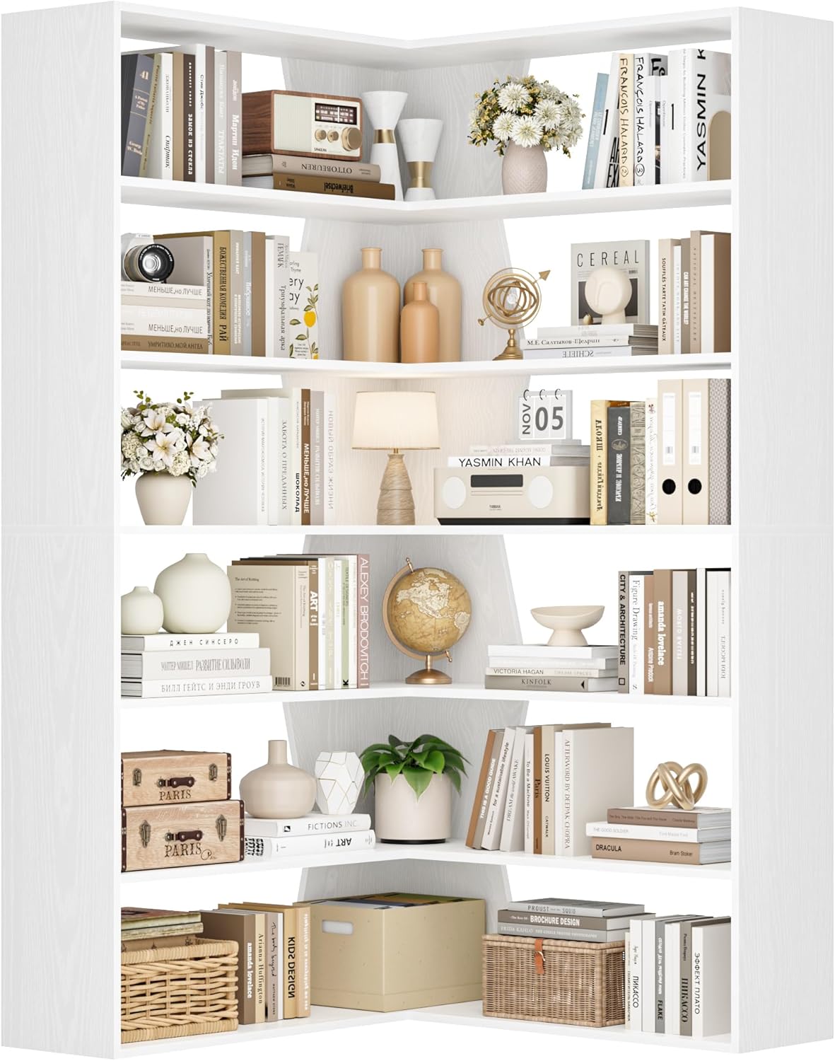 FirFurd 190,5 cm Libreria da Parete, Libreria Angolare a 6 Ripiani, Scaffale Angolare in Legno, Librerie con Scomparti Aperti, per Soggiorno, Studio, Ufficio, 90x90x190,5cm (Bianco)
