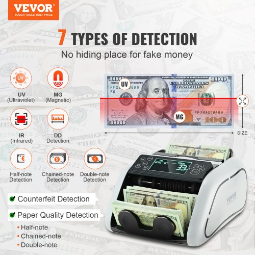 VEVOR Geldzählmaschine, Banknotenzähler mit UV-, MG-, IR- und DD-Falschgelderkennung, USD- und EUR-Geldzählmaschine mit Großem LCD & Externem Display für Kleine Unternehmen